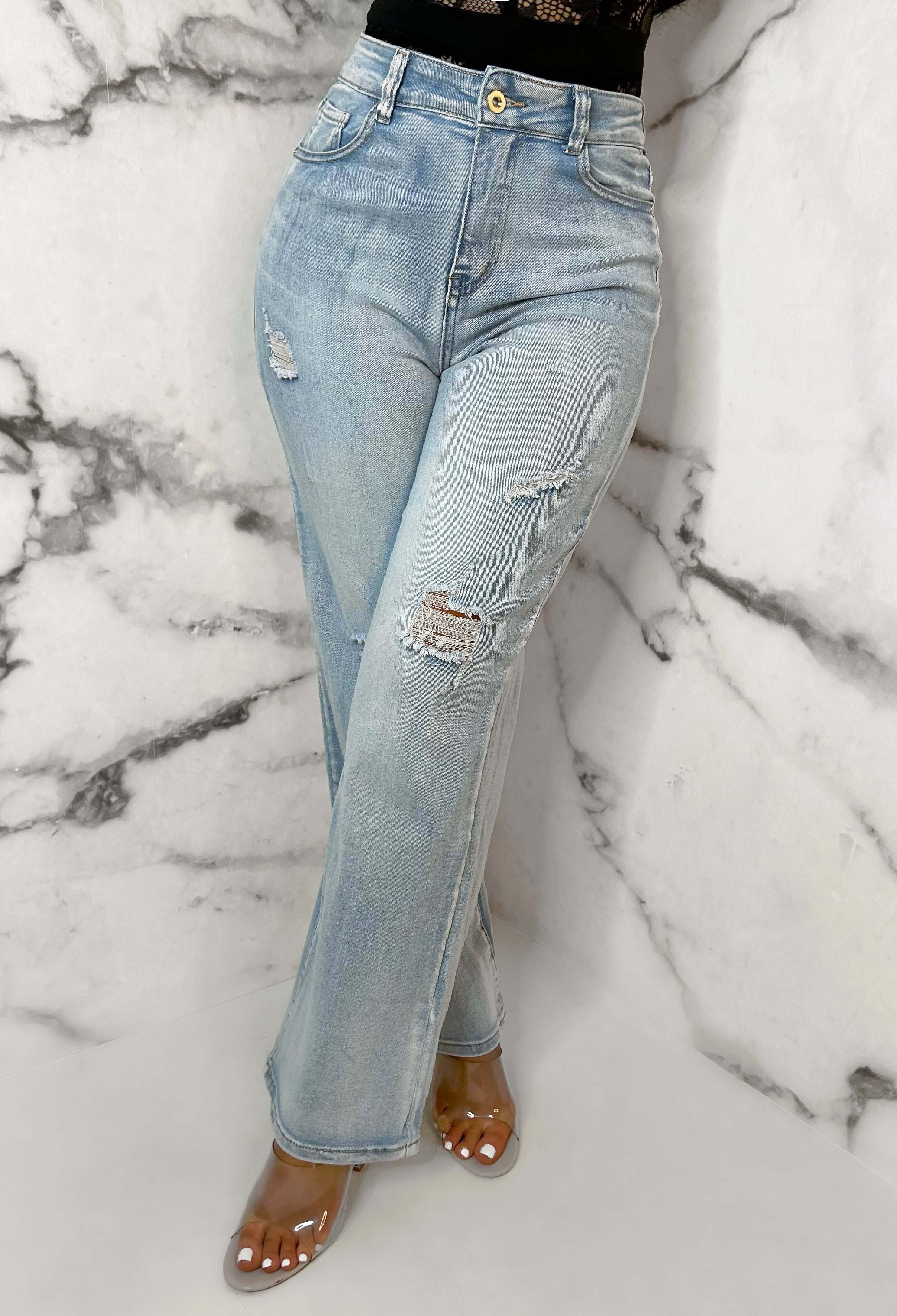 Denim Escape Light Blue Stretch Wide Leg Distressed Jeans - Image 3