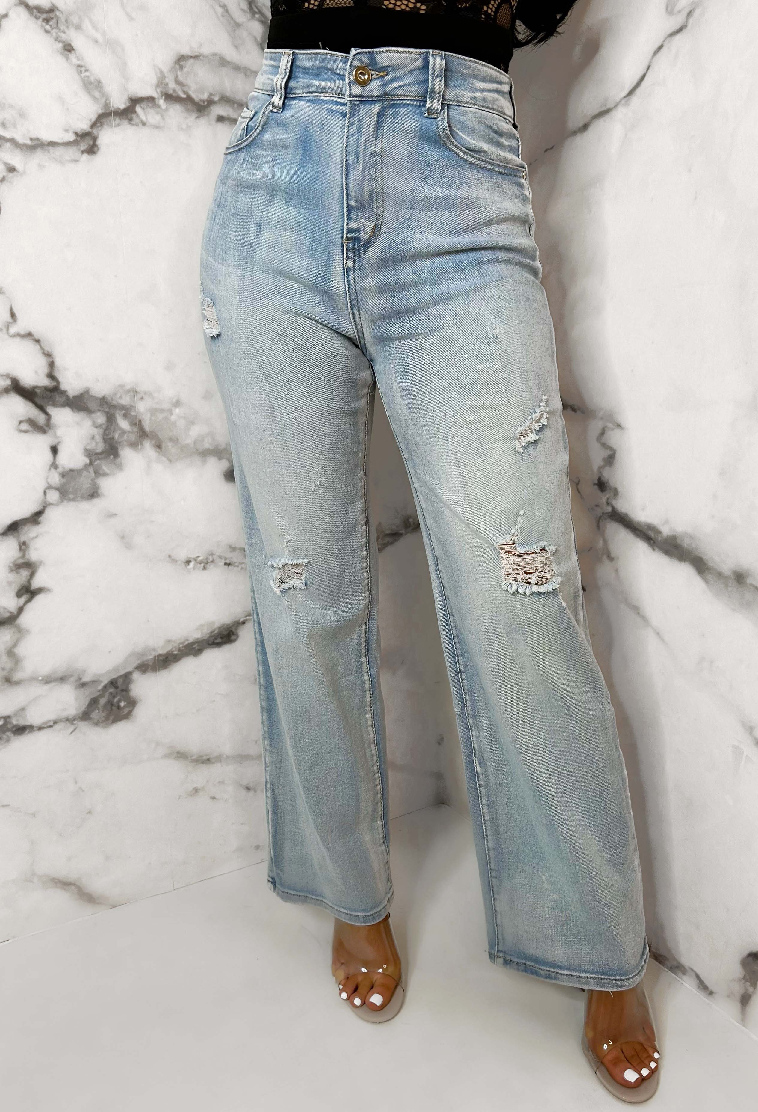Denim Escape Light Blue Stretch Wide Leg Distressed Jeans - Image 4