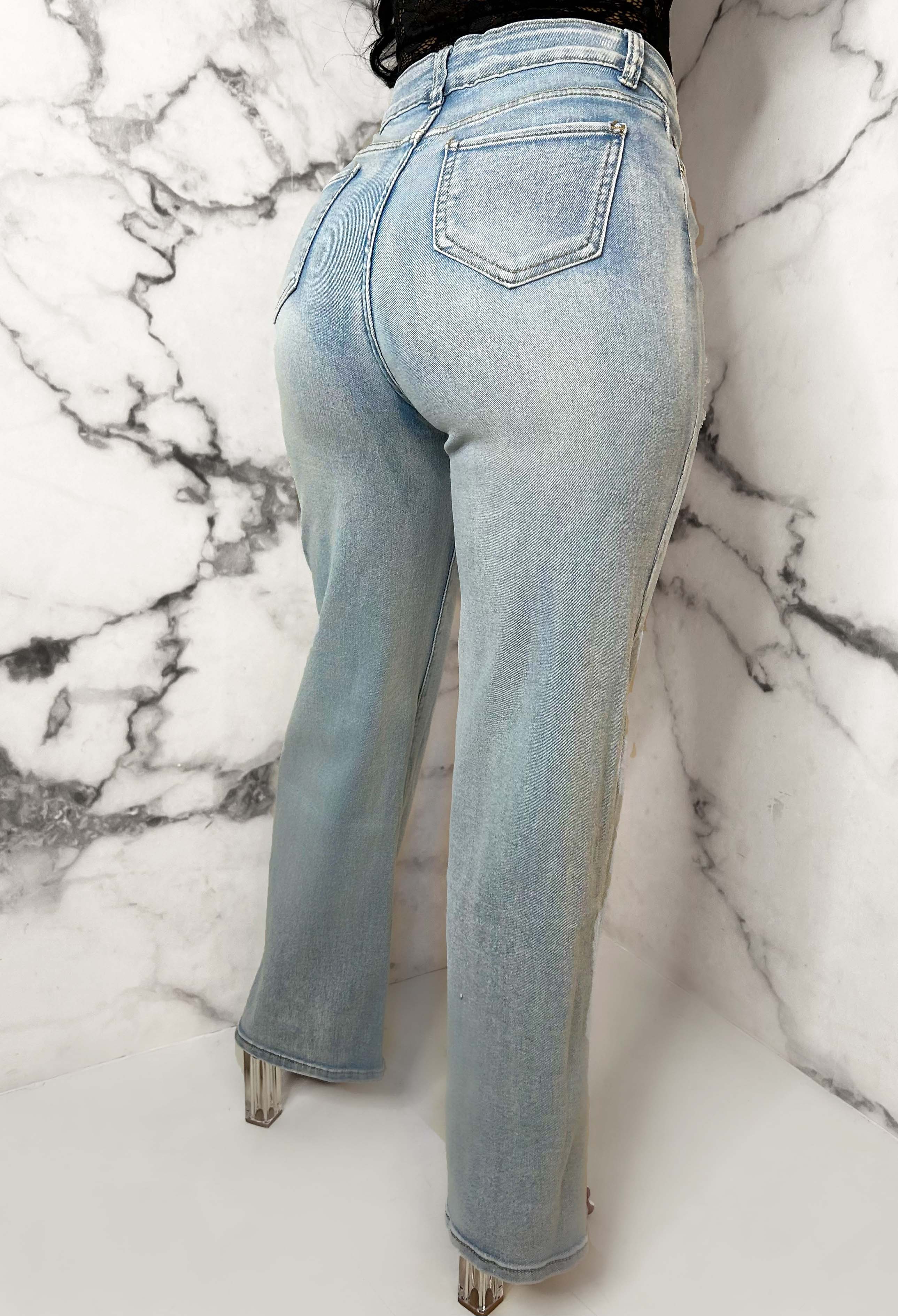 Denim Escape Light Blue Stretch Wide Leg Distressed Jeans - Image 5