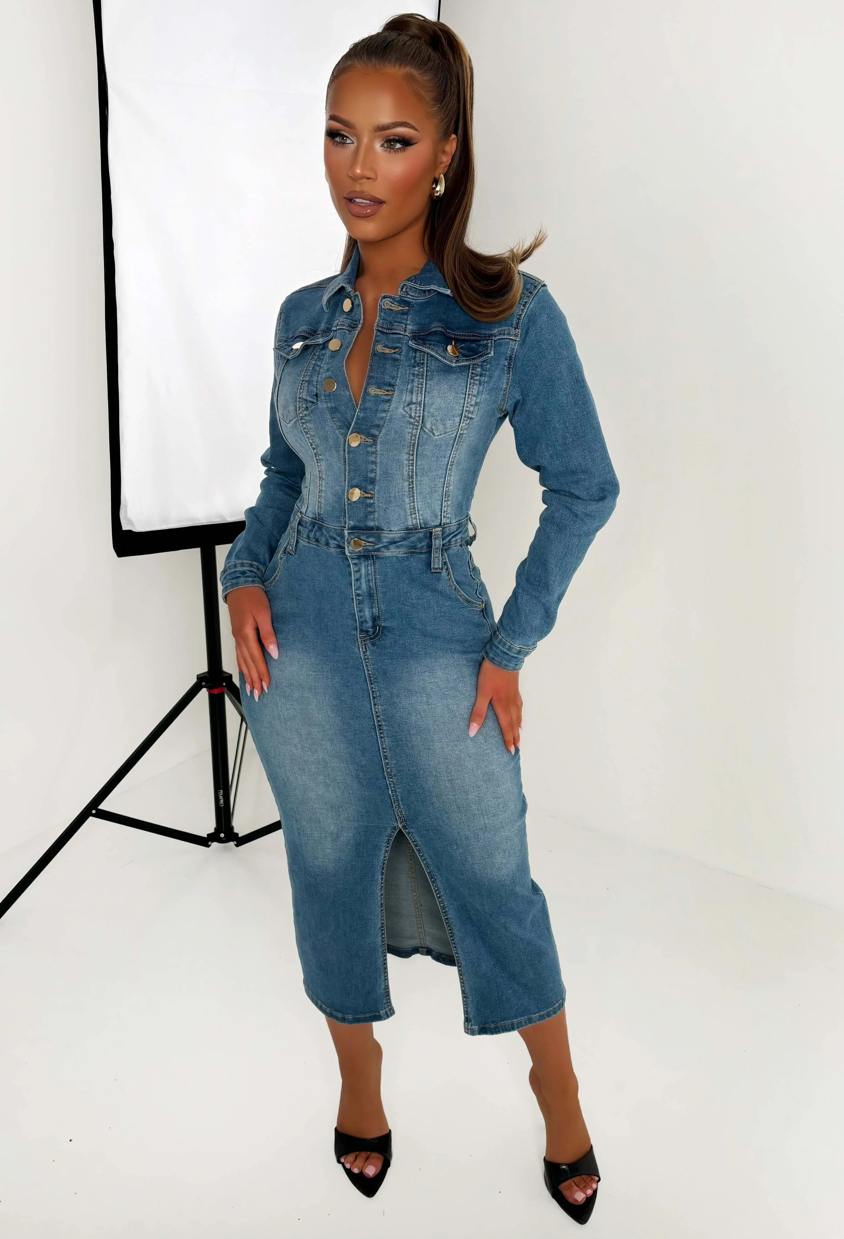 Denim Muse Mid Wash Stretch Denim Long Sleeve Dress - Image 3