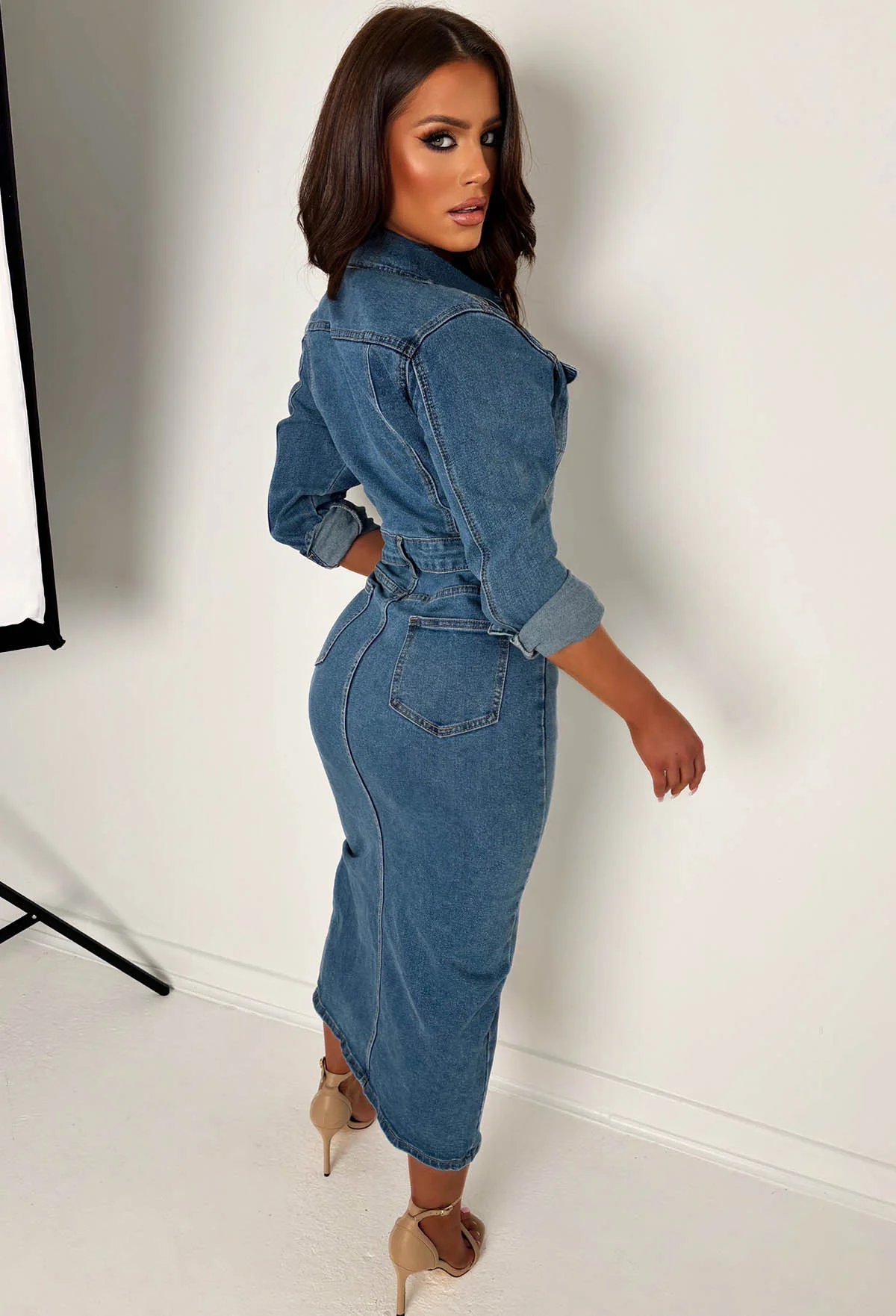 Denim Muse Mid Wash Stretch Denim Long Sleeve Dress - Image 4