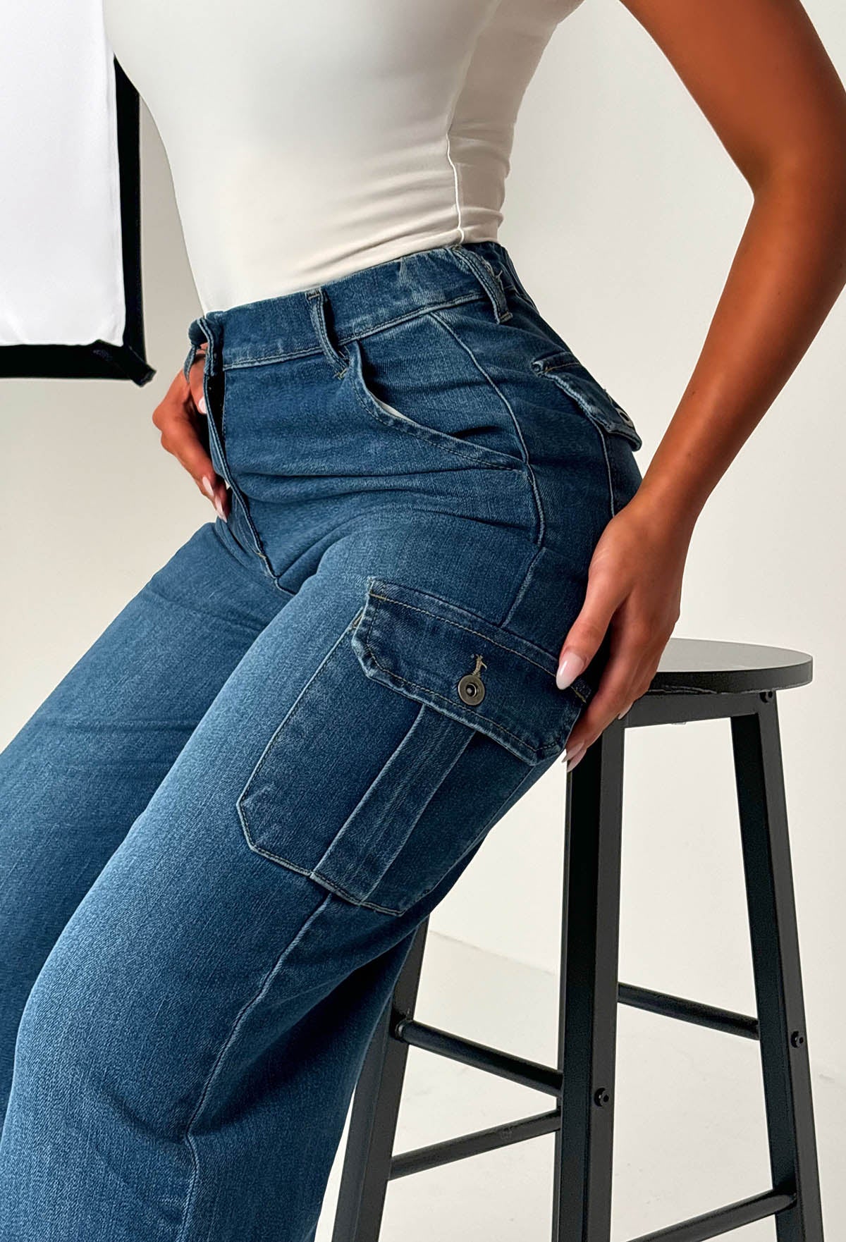 Denim Revolution Dark Wash Cargo Denim Wide Leg Jeans - Image 3