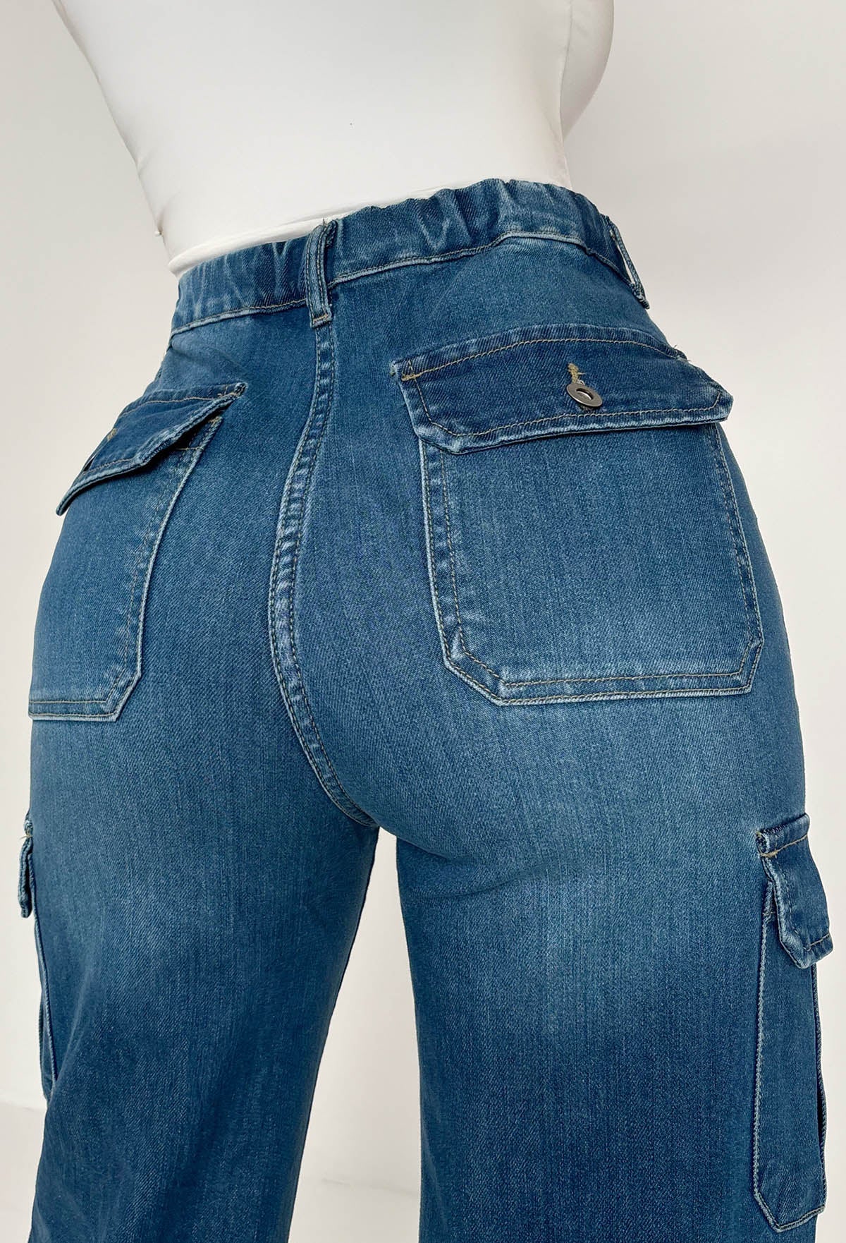 Denim Revolution Dark Wash Cargo Denim Wide Leg Jeans - Image 4