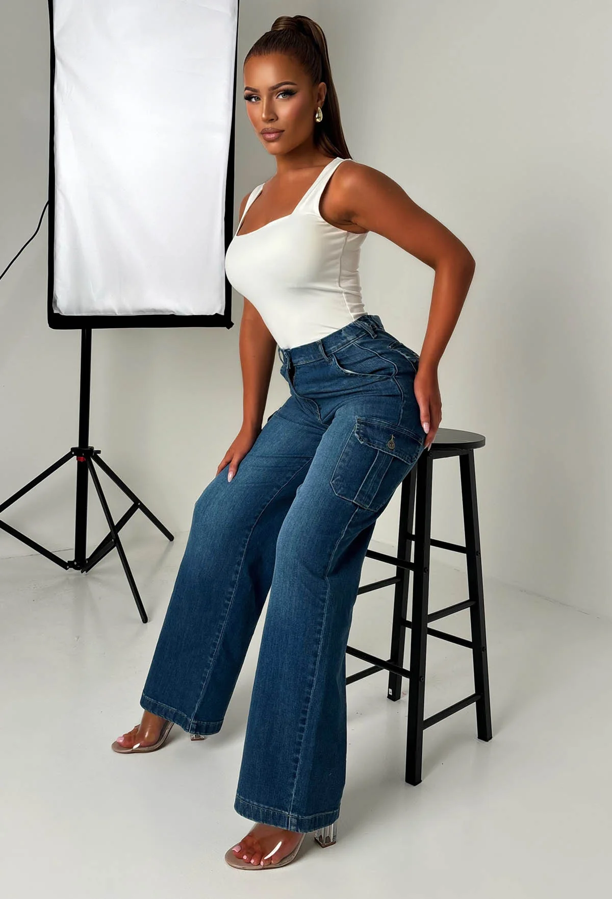Denim Revolution Dark Wash Cargo Denim Wide Leg Jeans - Image 5