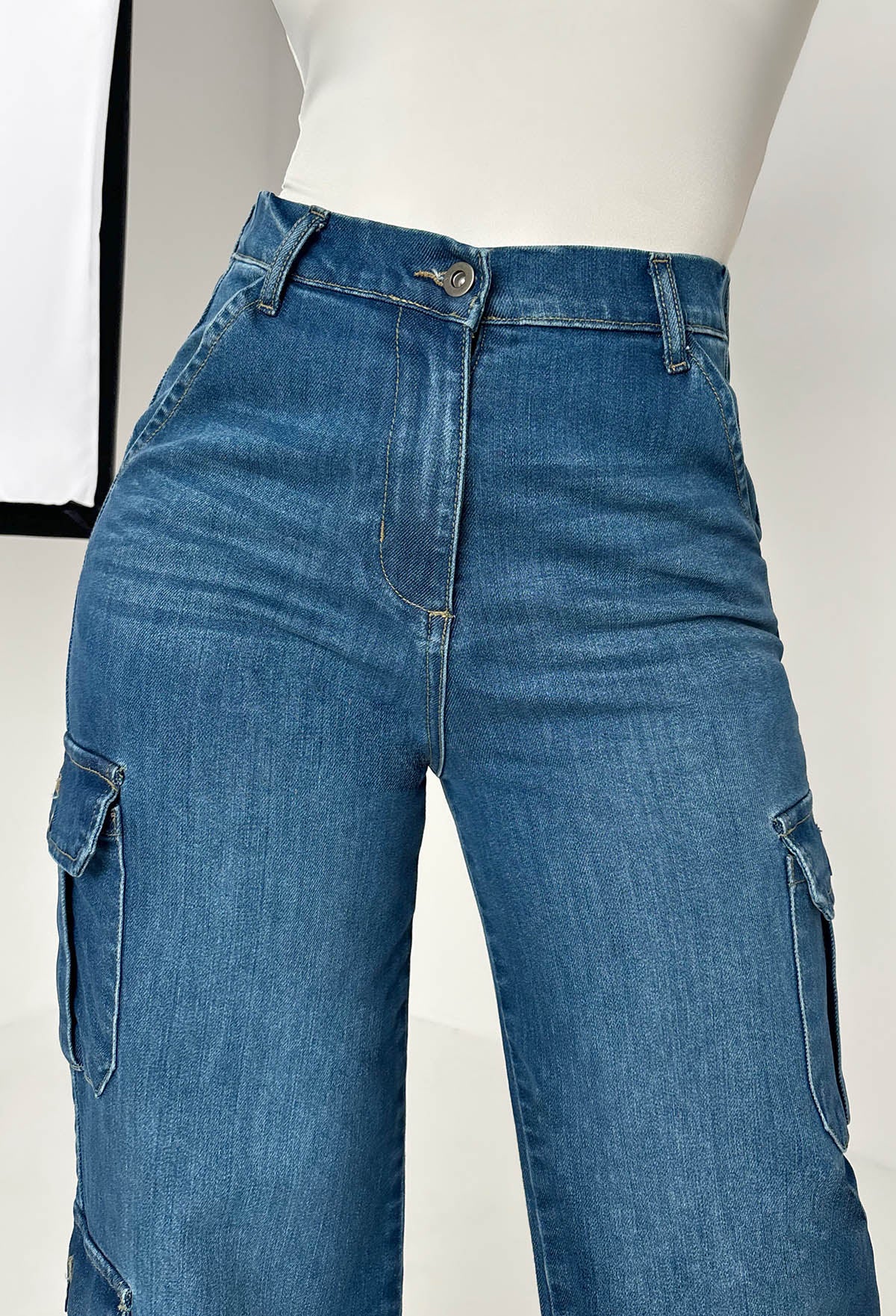 Denim Revolution Dark Wash Cargo Denim Wide Leg Jeans - Image 6