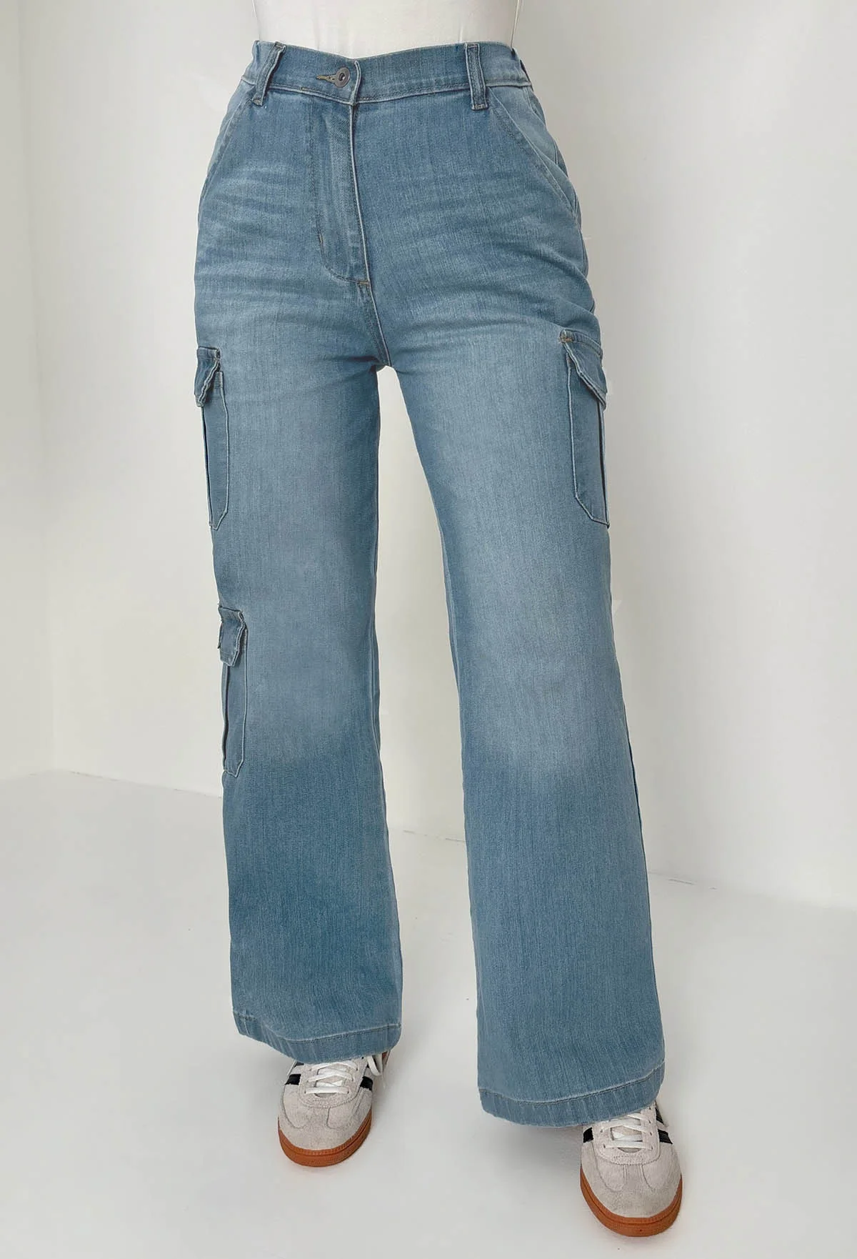 Denim Revolution Mid Blue Cargo Denim Wide Leg Stretch Jeans - Image 5