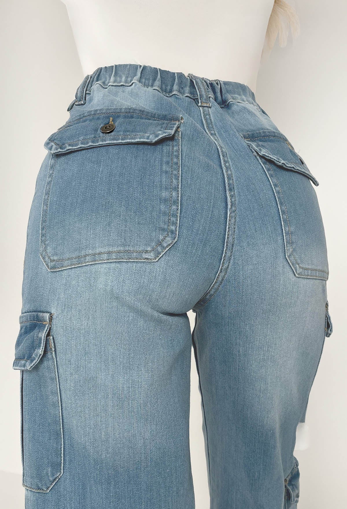 Denim Revolution Mid Blue Cargo Denim Wide Leg Stretch Jeans - Image 6
