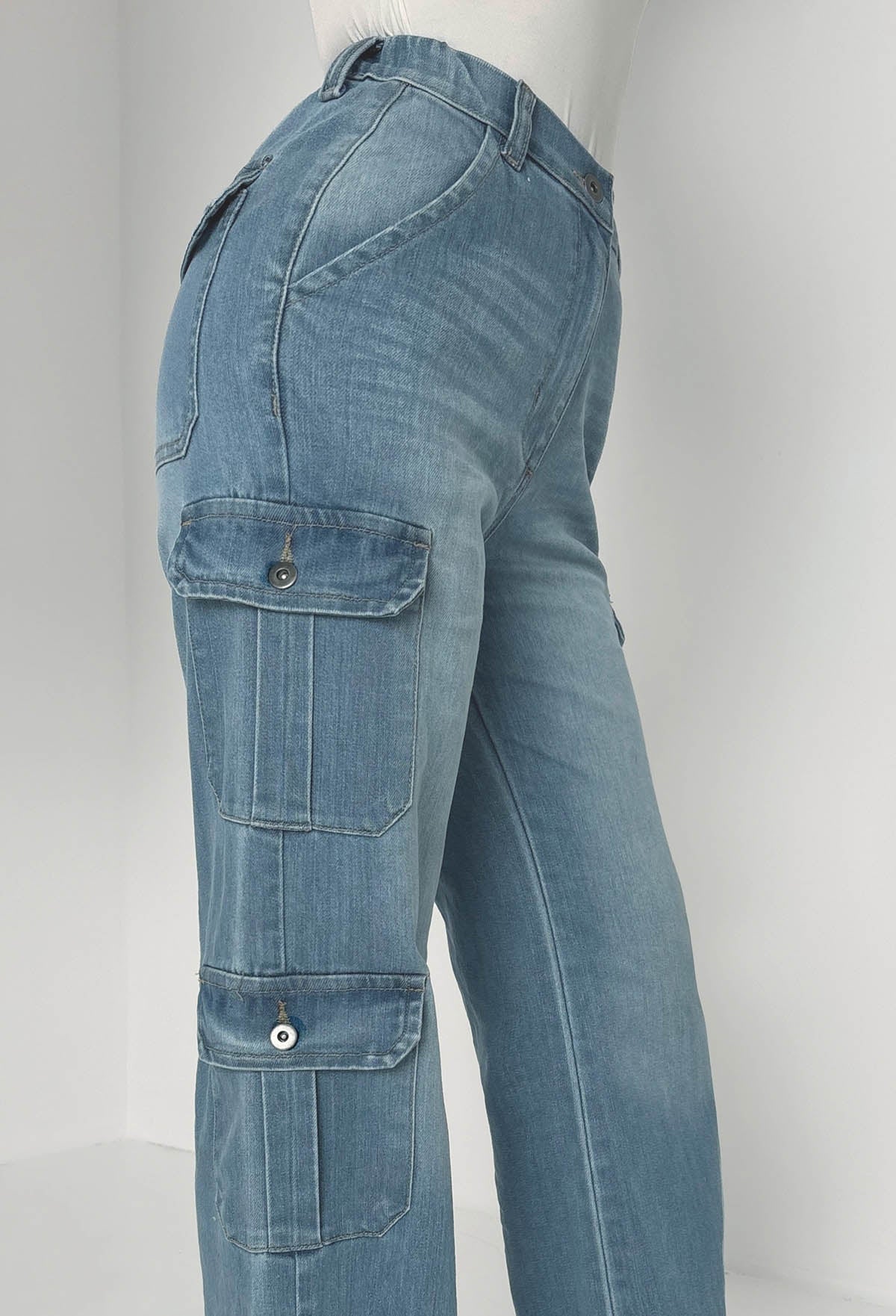 Denim Revolution Mid Blue Cargo Denim Wide Leg Stretch Jeans - Image 7