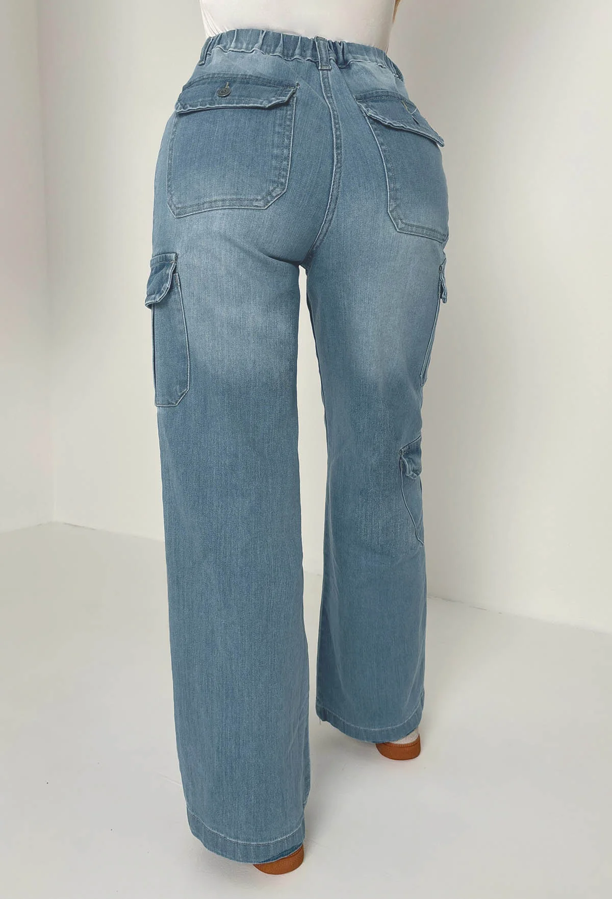 Denim Revolution Mid Blue Cargo Denim Wide Leg Stretch Jeans - Image 8