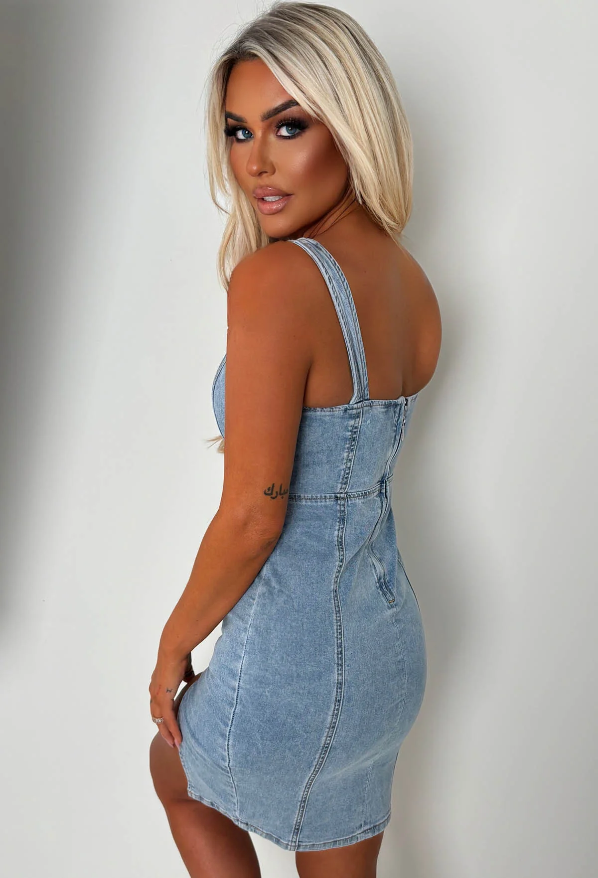 Denim Vibe Light Blue Stretch Denim Zip Front Dress - Image 3