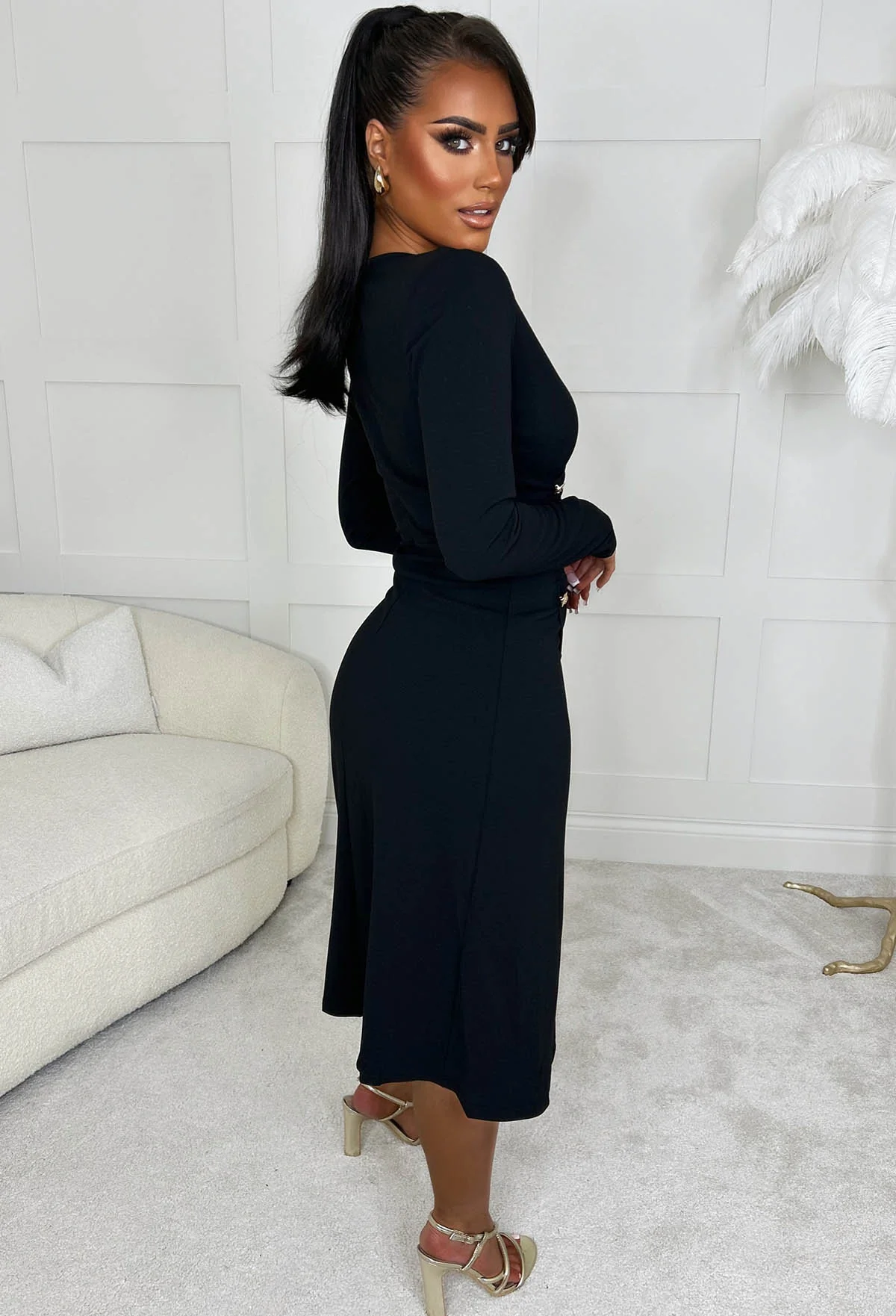Designer Vibes Black Long Sleeve Button Detail Cinched Waist A-Line Dress - Image 2