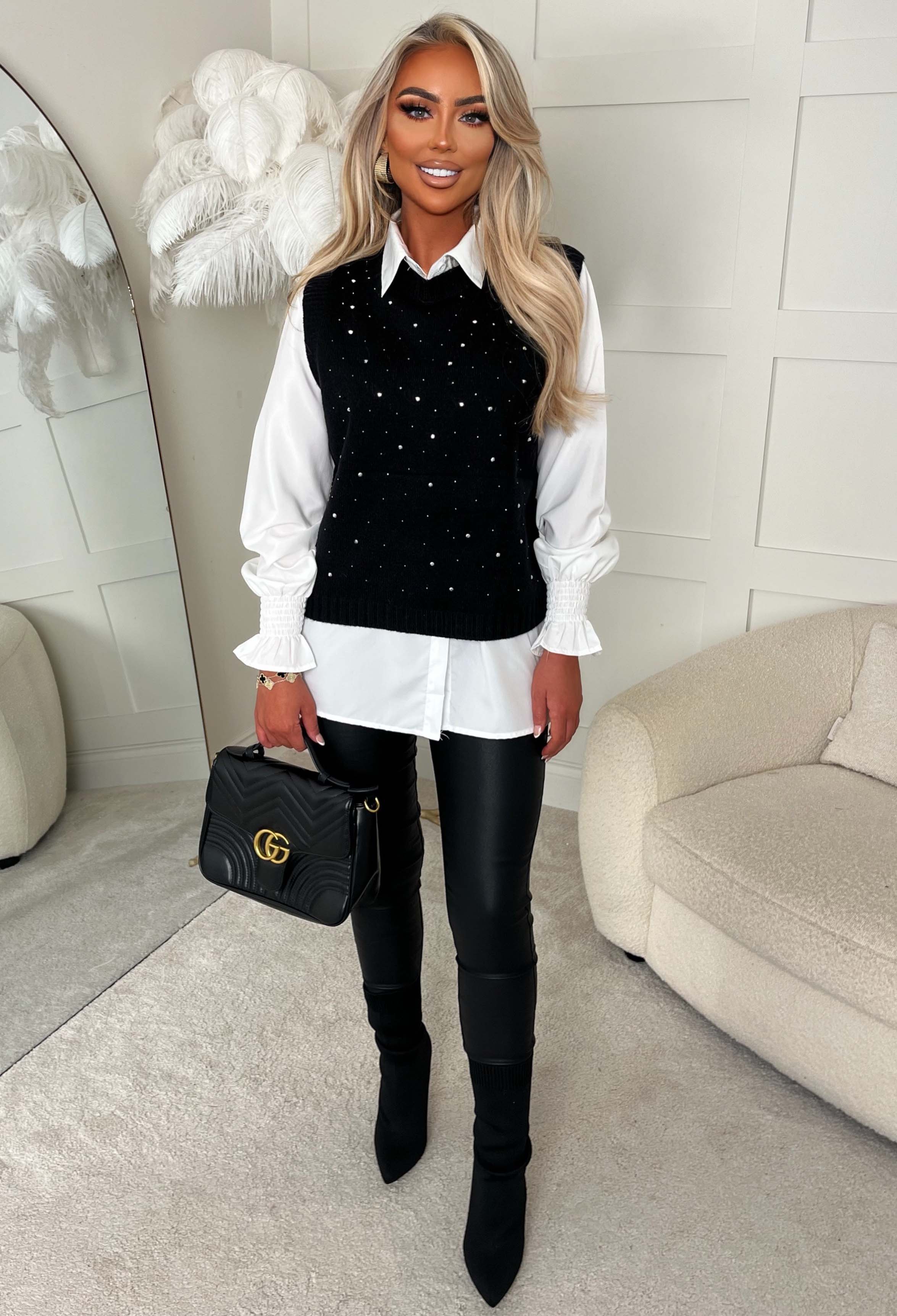 Desire Bloom Black 2 In 1 Diamante Embellished Jumper With Shirt - Image 2