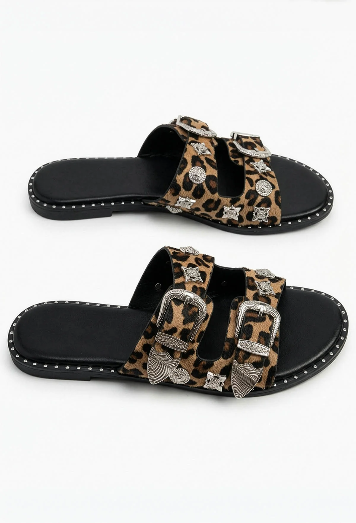 Destination Daydream Black Leopard Studded Double Strap Sliders - Image 3
