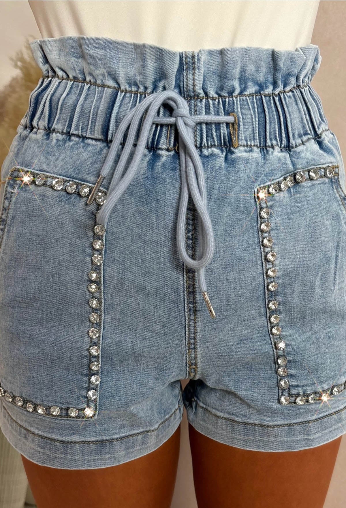 Diamond Chic Mid Wash Stretch Denim Paperbag Diamante Shorts - Image 4