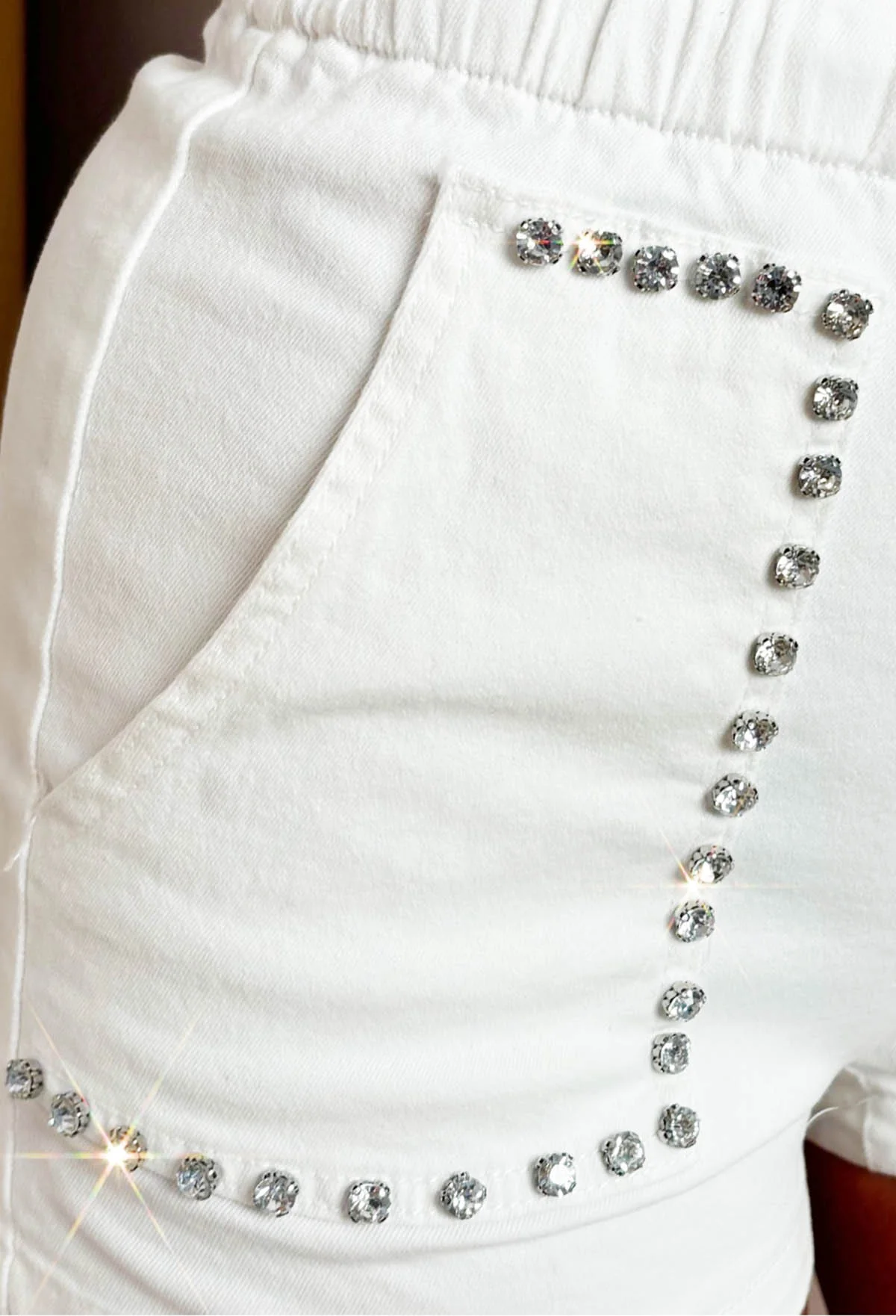 Diamond Chic White Stretch Denim Paperbag Diamante Shorts