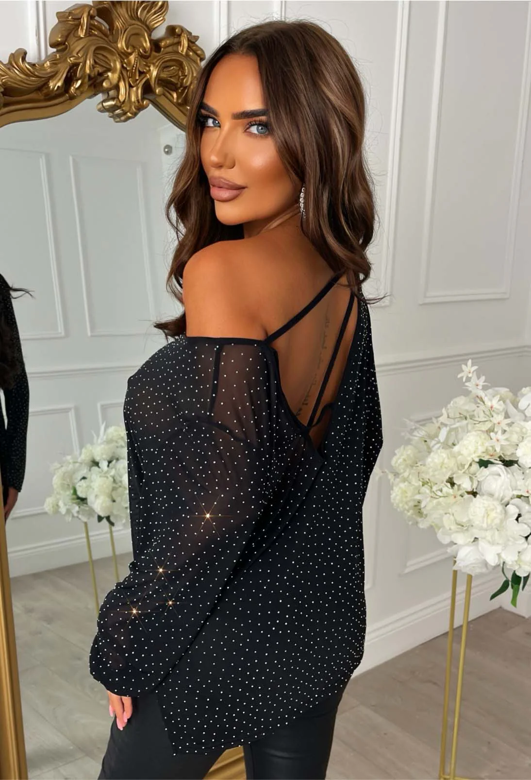 Diamond Mirage Black Hot Fix Mesh Off Shoulder Top - Image 4