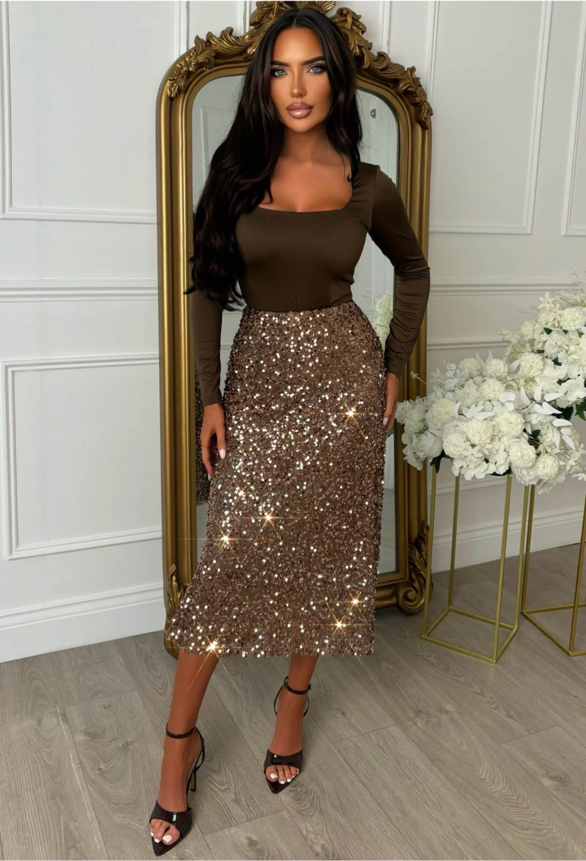 Diva In Glam Chocolate Brown Sequin Midi Skirt - Image 3