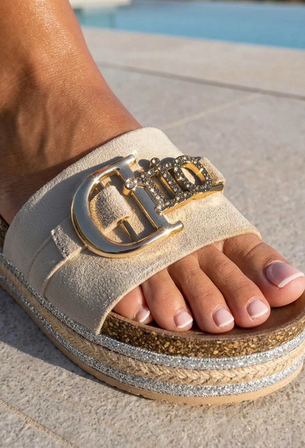 Divine Daydream Beige Embellished Sliders - Image 2