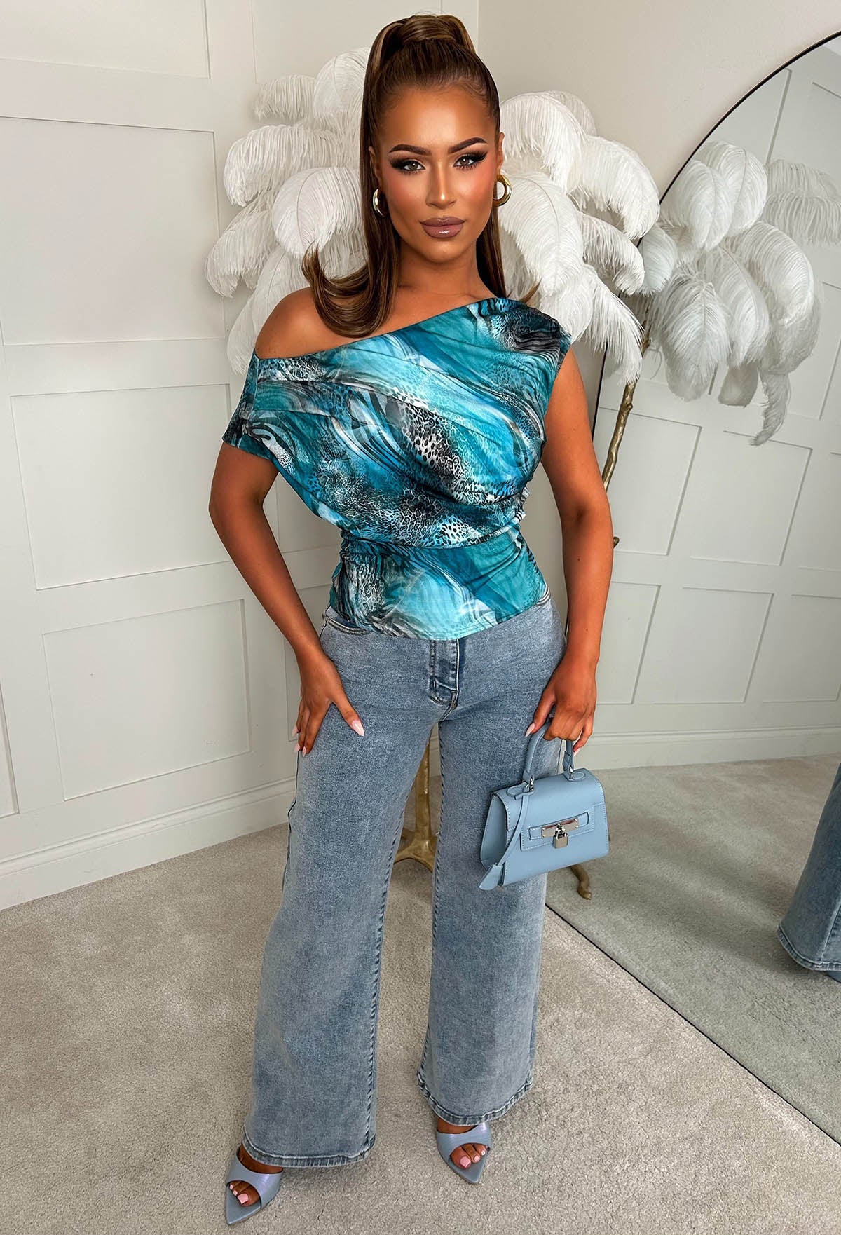 Dixie Teal Leopard Ruched Shoulder Top - Image 3