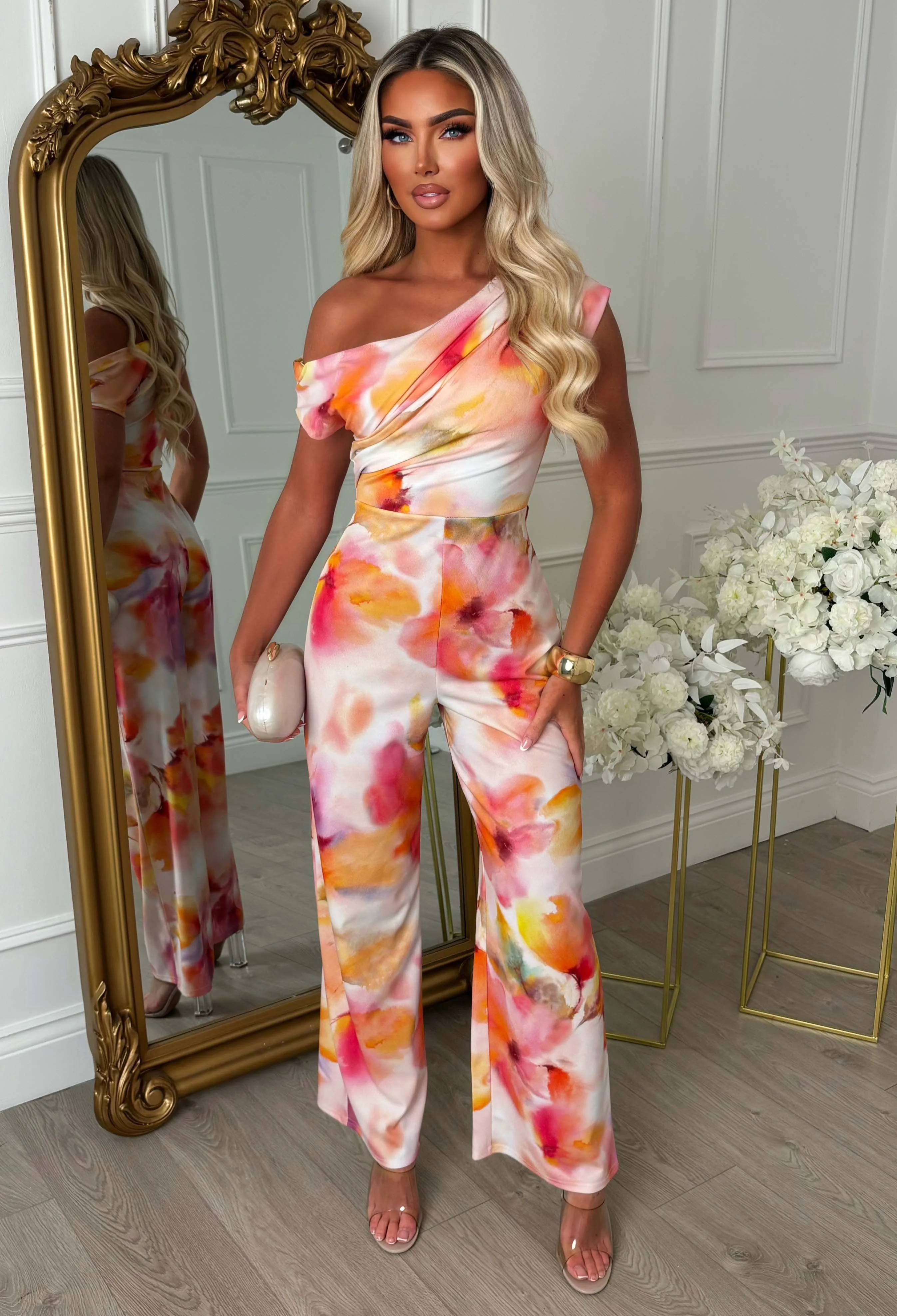 Dixie Days Coral Off The Shoulder Floral Print Jumpsuit - Image 2