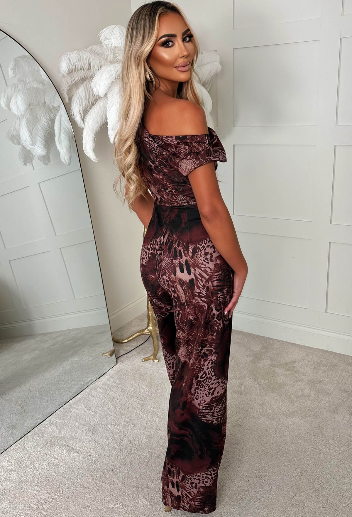 Dixie Daze Chocolate Brown Off The Shoulder Ruched Jumpsuit - Image 2