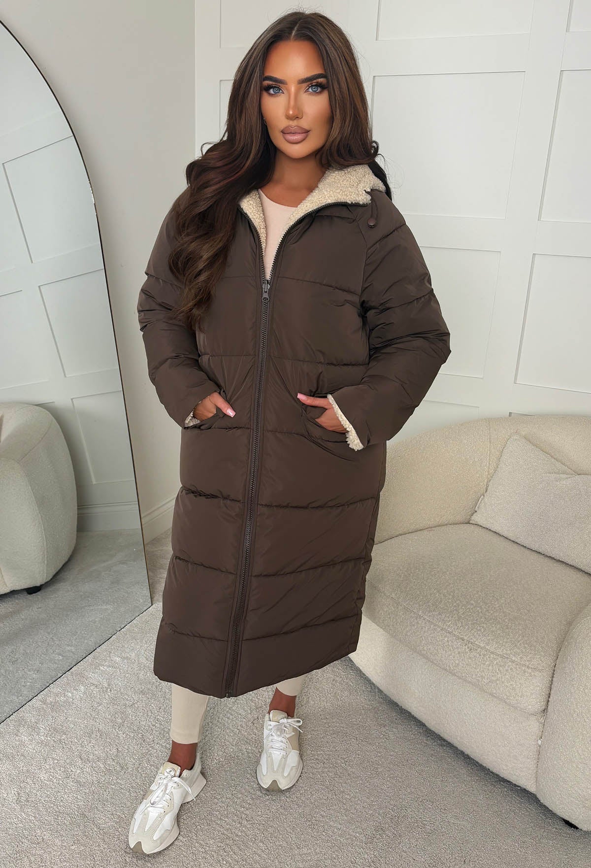 Double Trouble Chocolate Brown Reversible Borg Padded Puffer Coat - Image 3