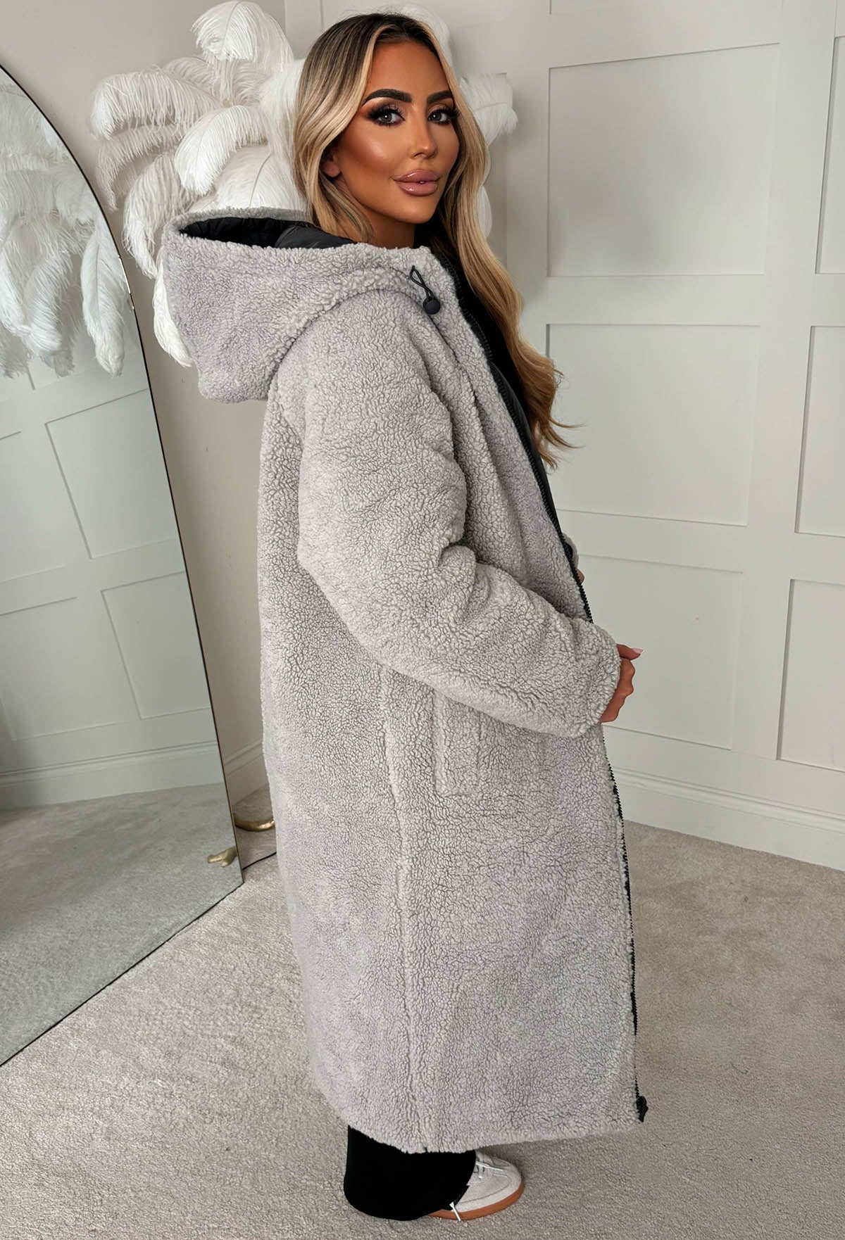 Double Trouble Grey Reversible Borg Padded Puffer Coat - Image 5