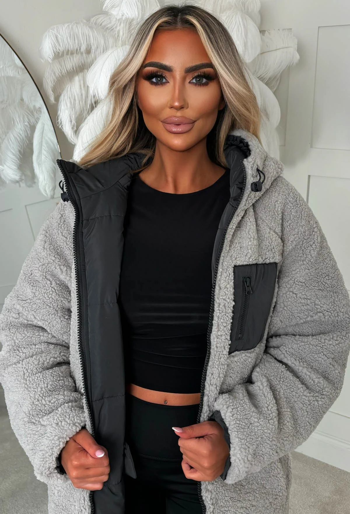 Double Trouble Grey Reversible Borg Padded Puffer Coat - Image 6