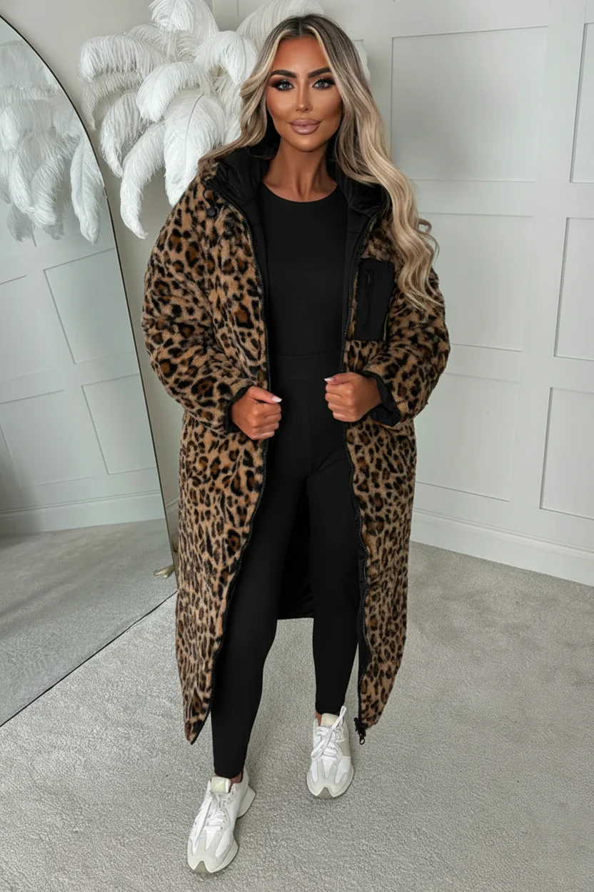 Double Trouble Leopard Reversible Borg Padded Puffer Coat - Image 2