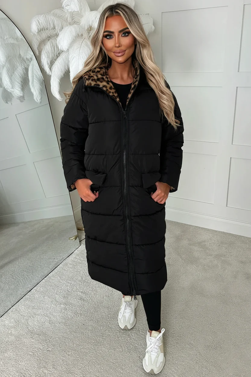 Double Trouble Leopard Reversible Borg Padded Puffer Coat - Image 5
