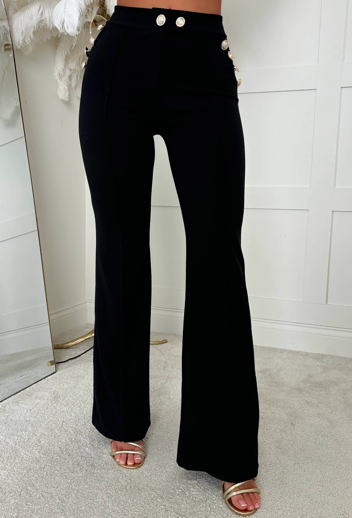 Drama Darling Black Flared Gold Button Flared Trousers - Image 2