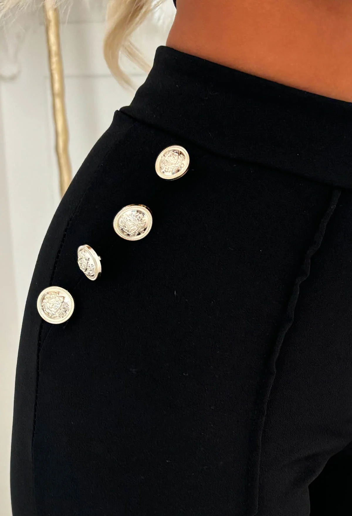 Drama Darling Black Flared Gold Button Flared Trousers - Image 4