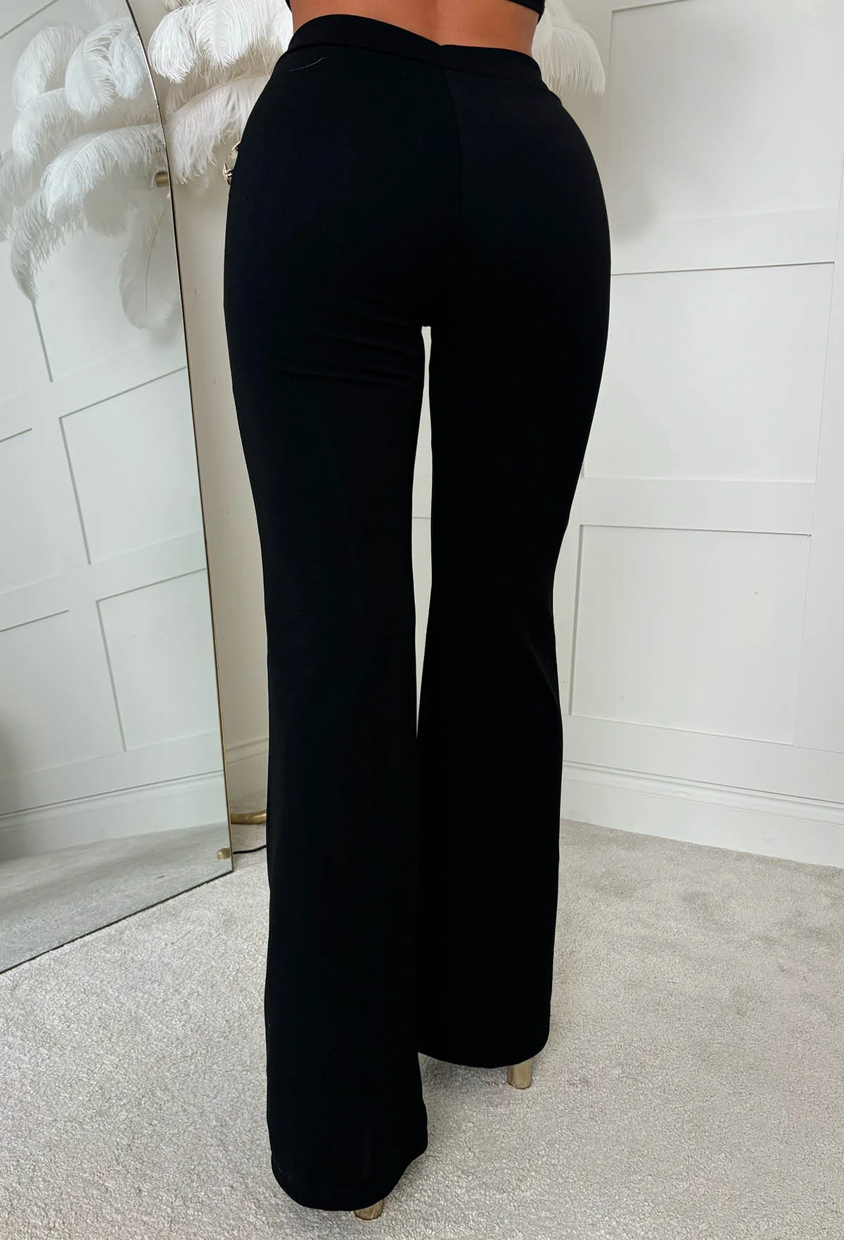 Drama Darling Black Flared Gold Button Flared Trousers - Image 5