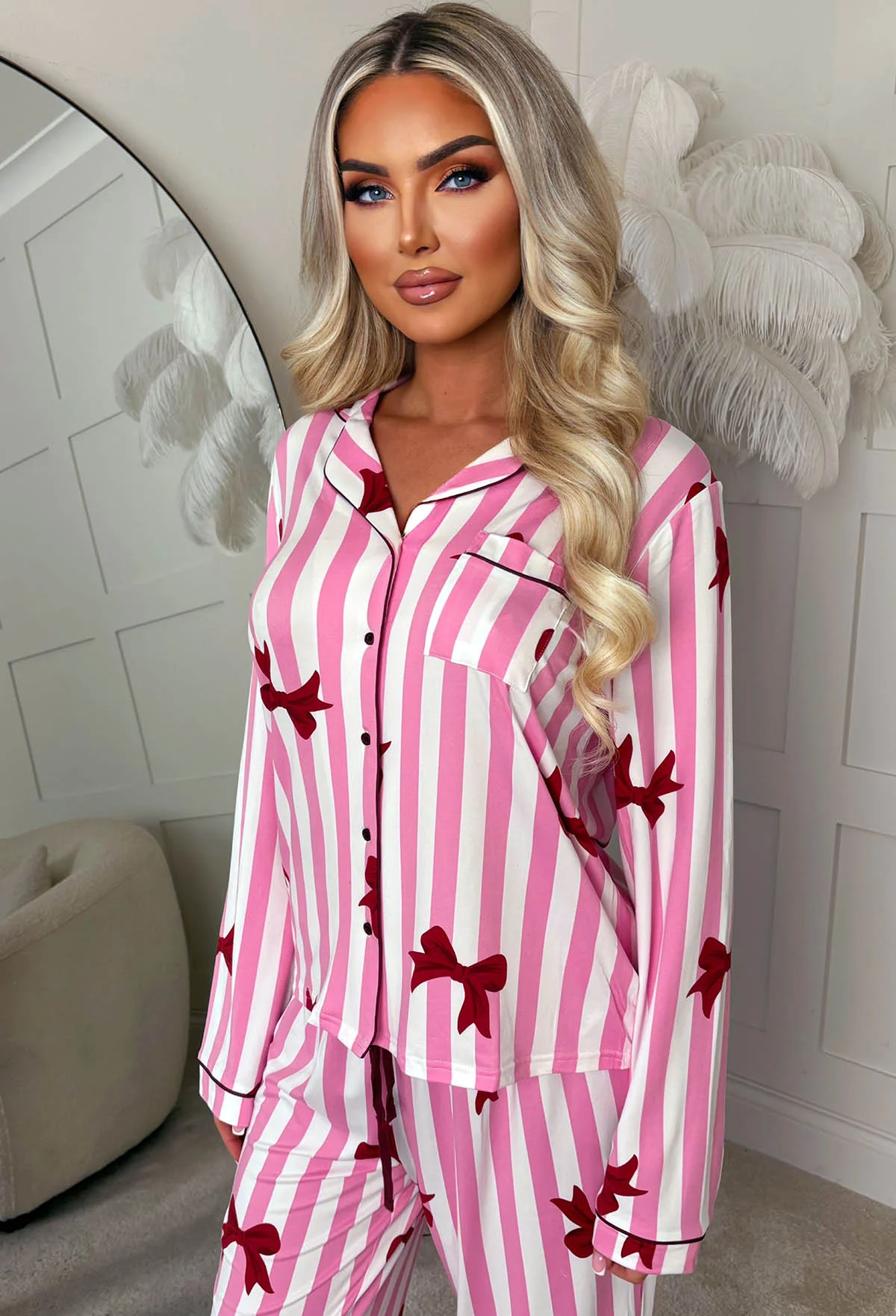 Drama Queen Dreams Pink Striped Bow Print Long Sleeve Button Down Pyjama Set - Image 3