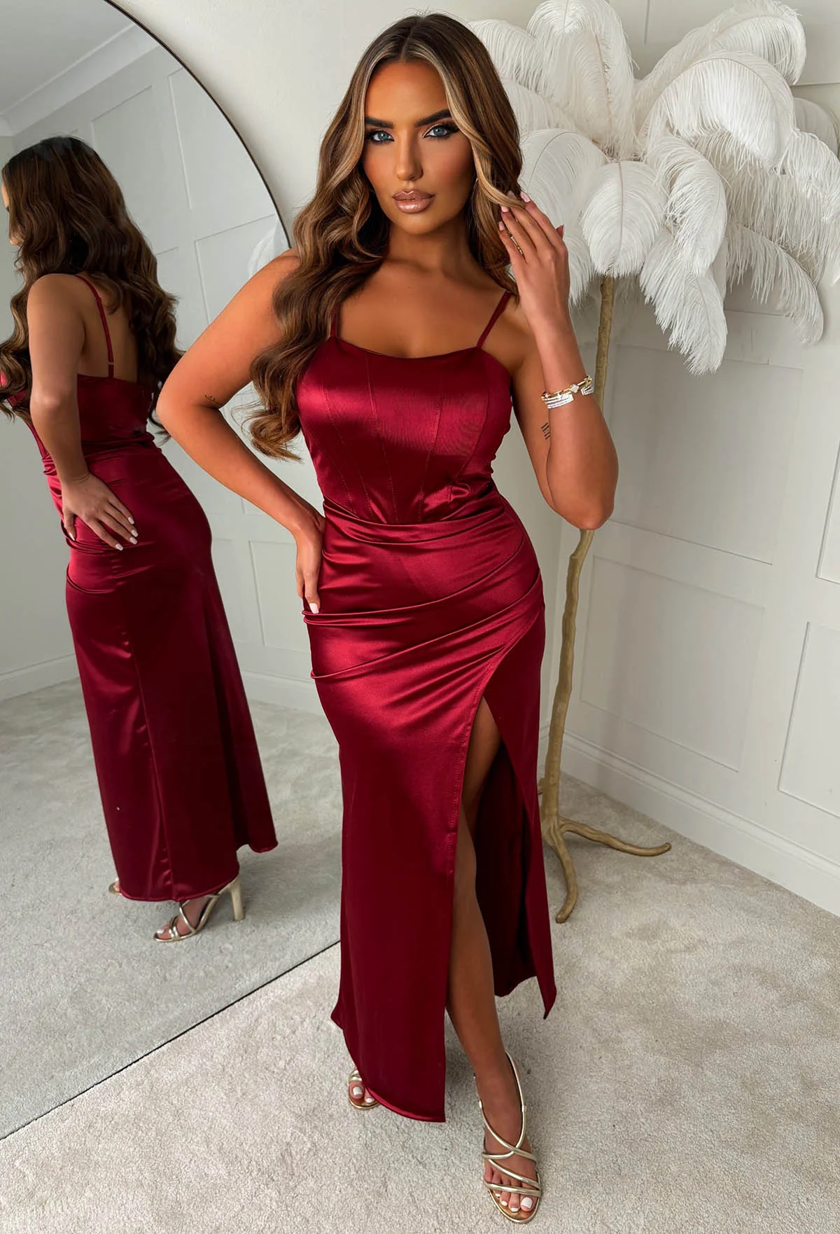 Draped In Love Burgundy Stretch Satin Corset Dress - Image 2
