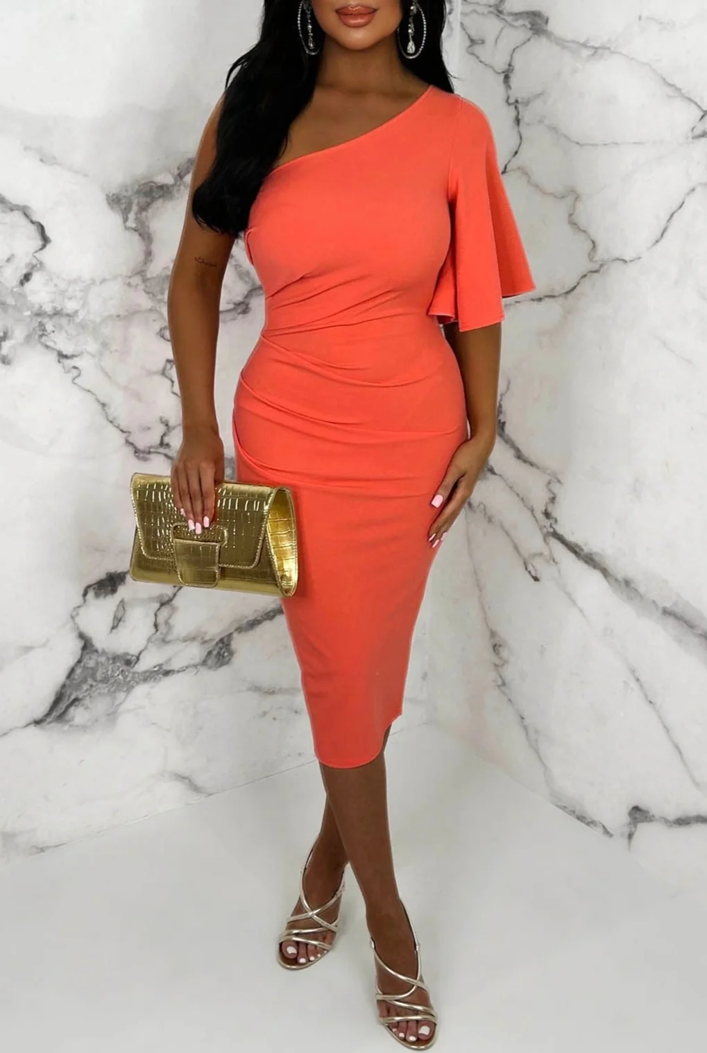 Dream Of Romance Coral One Shoulder Ruched Detail Midi Dress