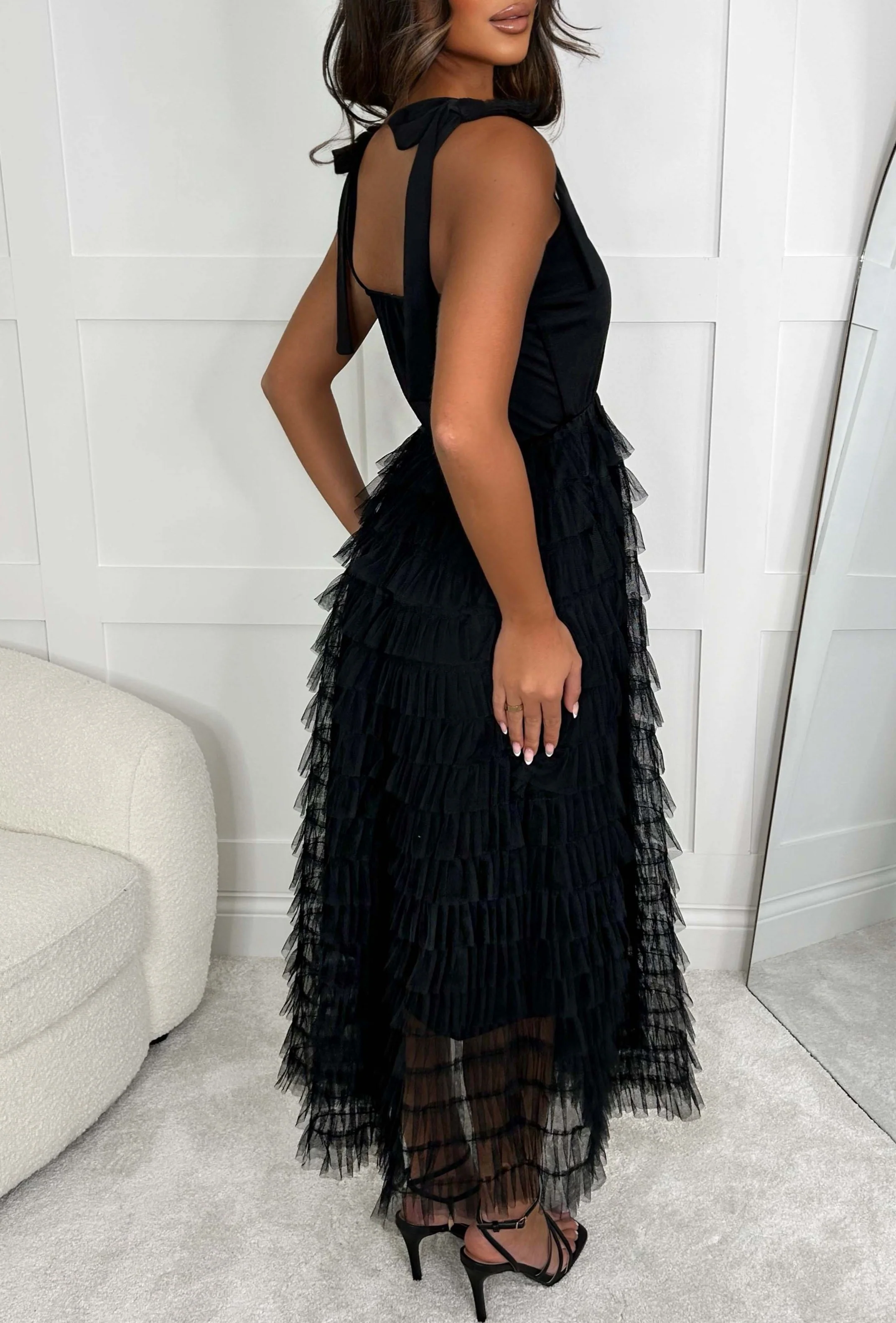 Dreamy Romantic Black Bow Strap Tulle Frilled Skirt Midi Dress - Image 2