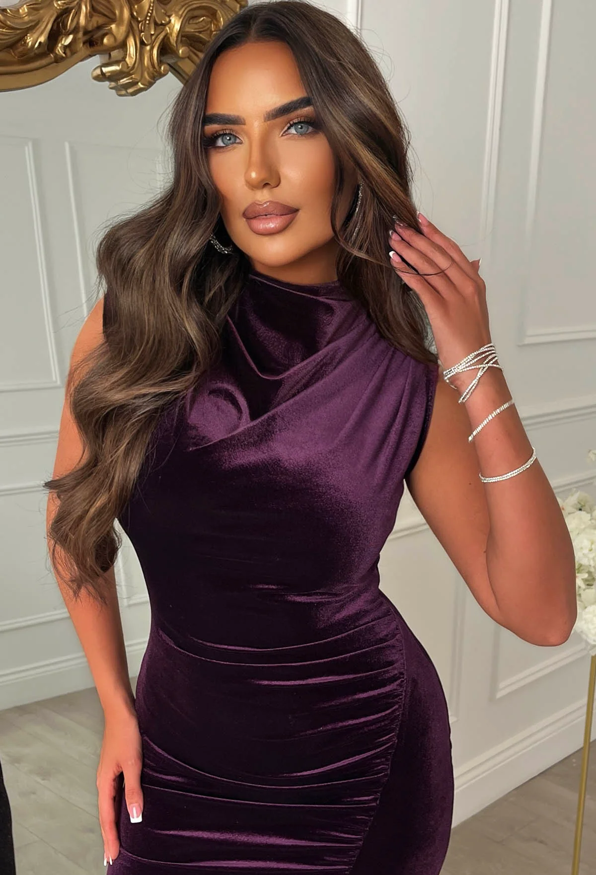 Dressed To Impress Purple Velvet Side Split Ruched Midaxi Dress - Image 5