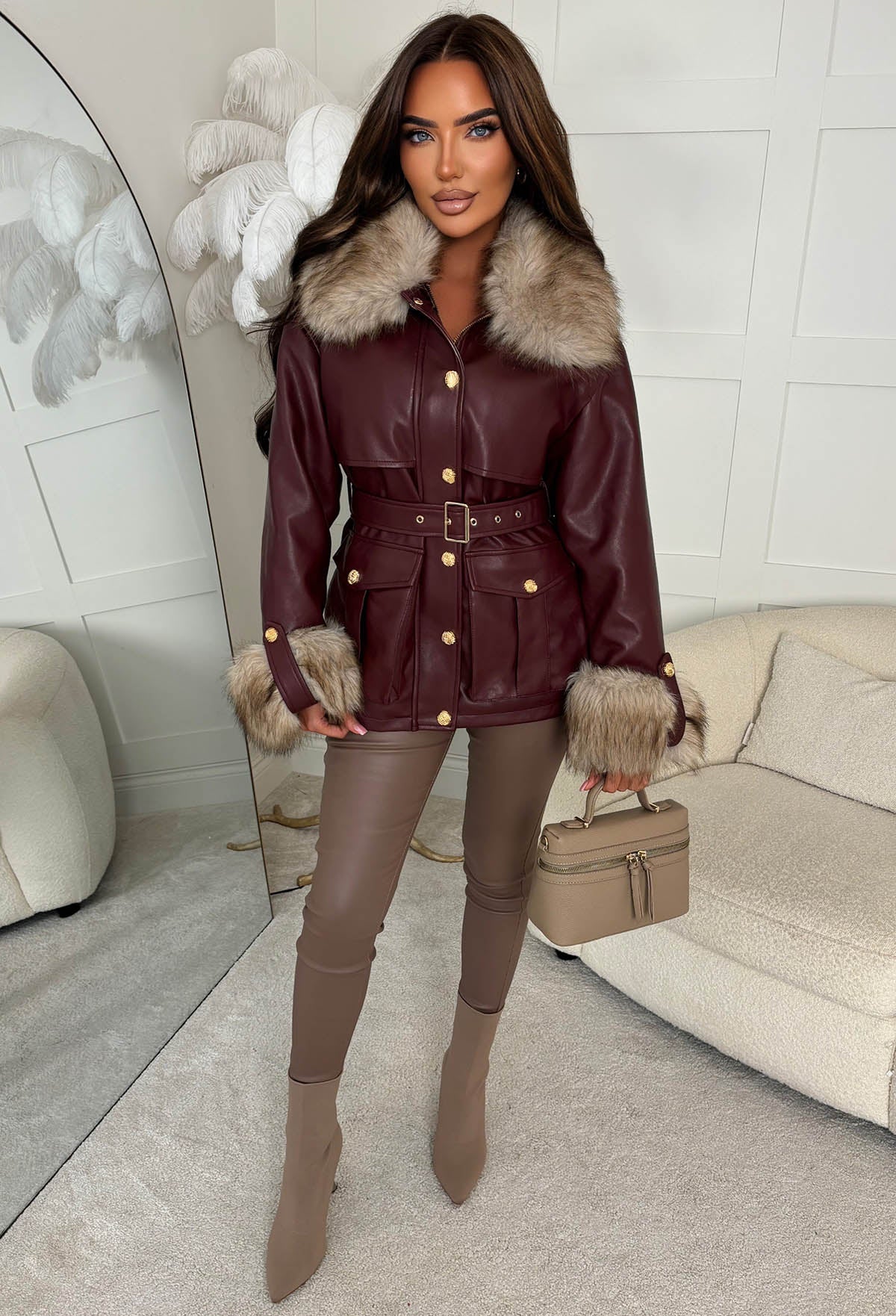 Effortless Edge Burgundy Faux Leather Faux Fur Collar Jacket - Image 3