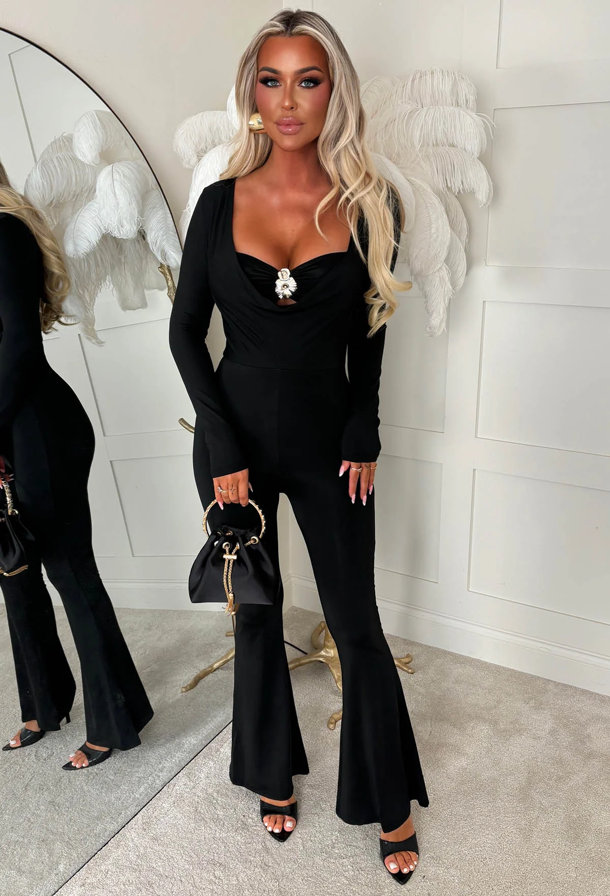 Effortless Seduction Black Bandeau Cowl Long Sleeve Jumpsuit - Image 4
