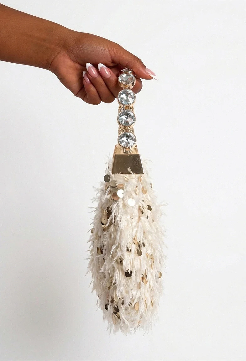 Eira Beige Feather Sequin Bag With Diamante Strap - Image 4