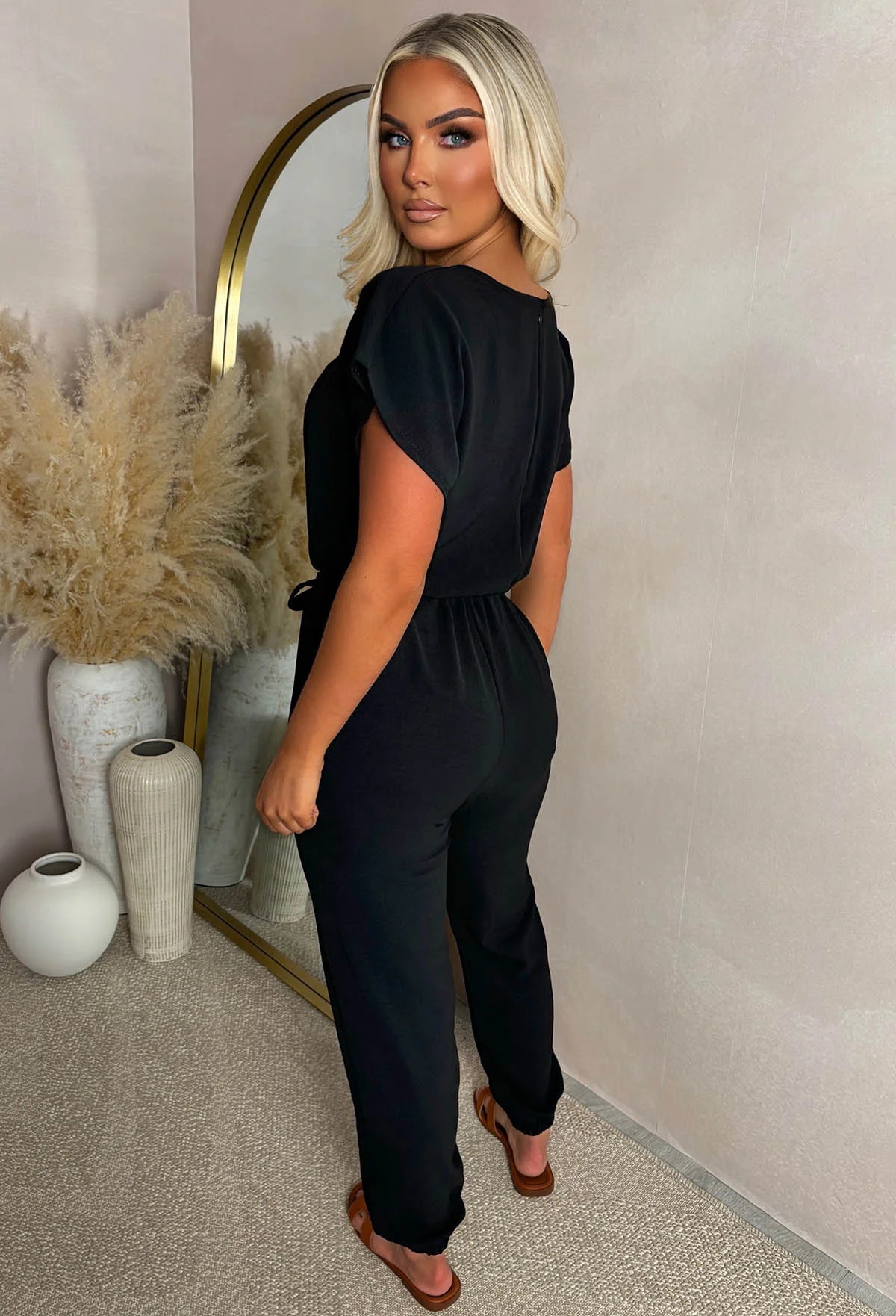 Elegance Everyday Black Elasticated Hem Belted Jumpsuit - Image 2