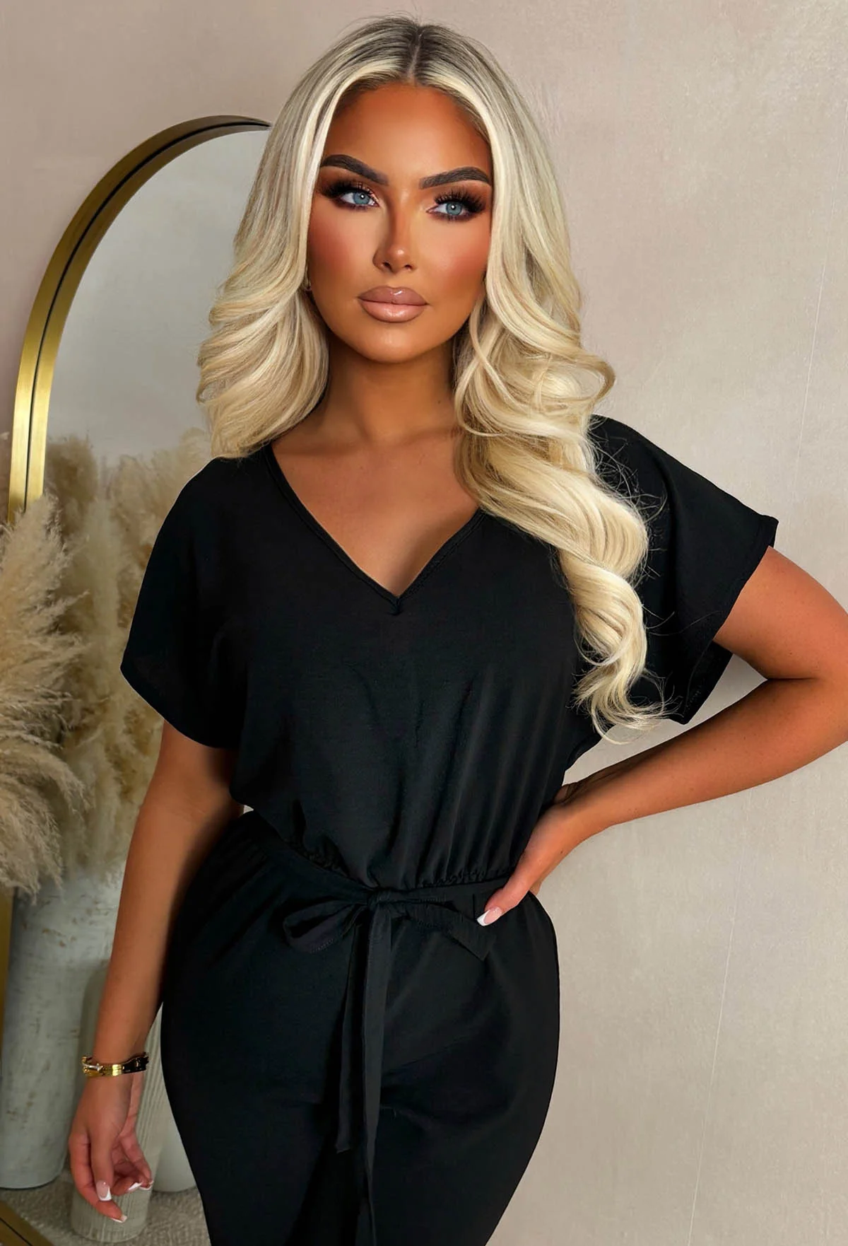 Elegance Everyday Black Elasticated Hem Belted Jumpsuit - Image 3