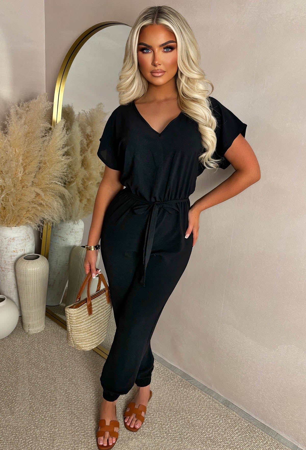 Elegance Everyday Black Elasticated Hem Belted Jumpsuit - Image 4