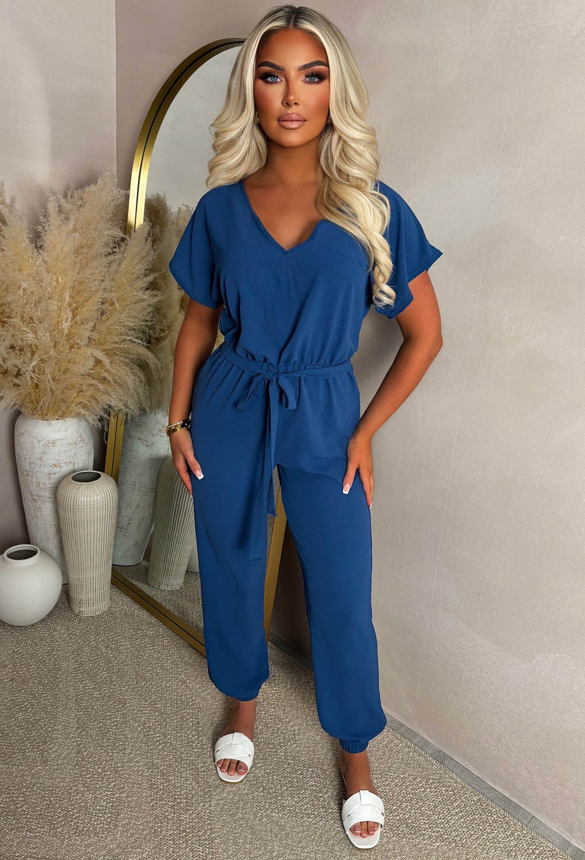 Elegance Everyday Blue Elasticated Hem Belted Jumpsuit - Image 3