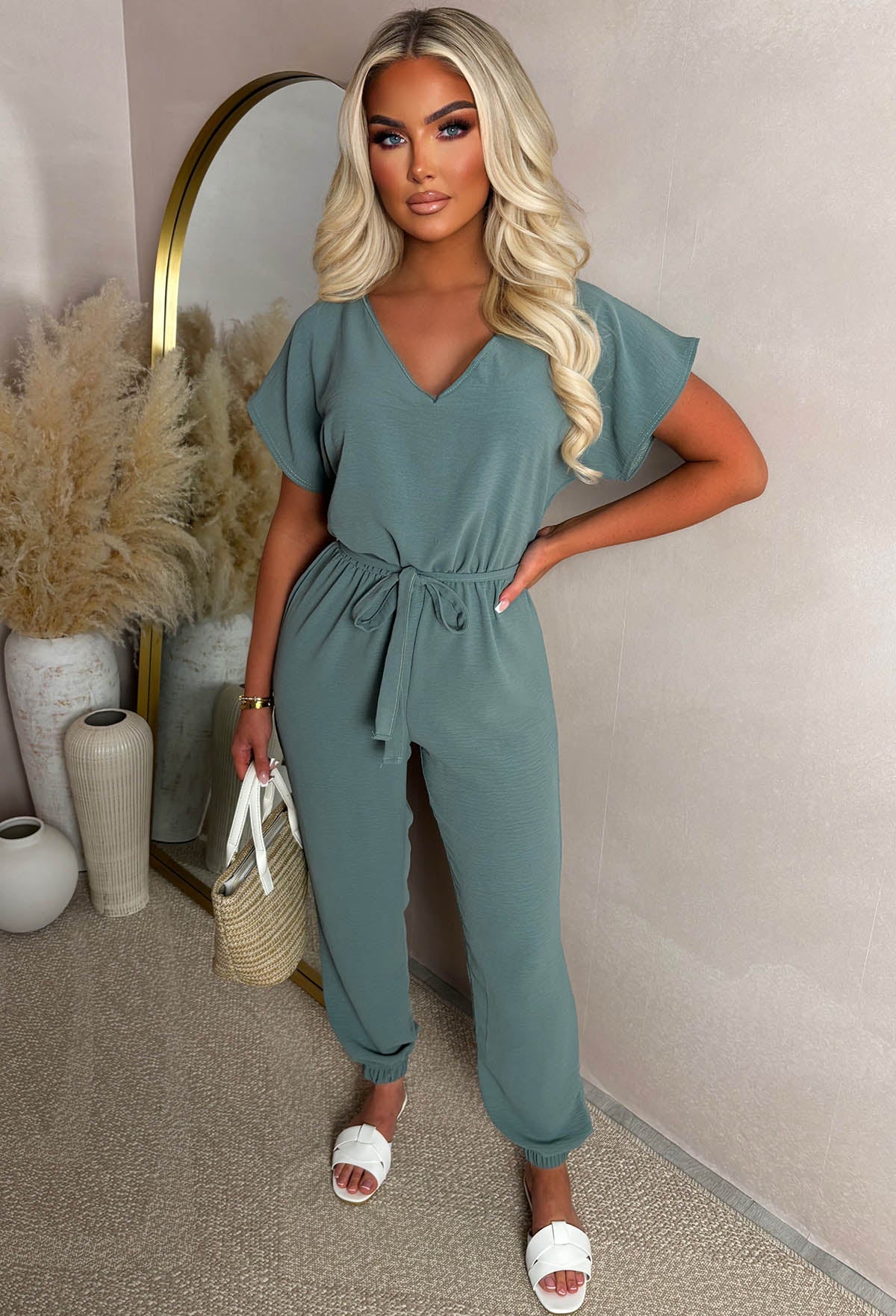 Elegance Everyday Green Elasticated Hem Belted Jumpsuit - Image 2
