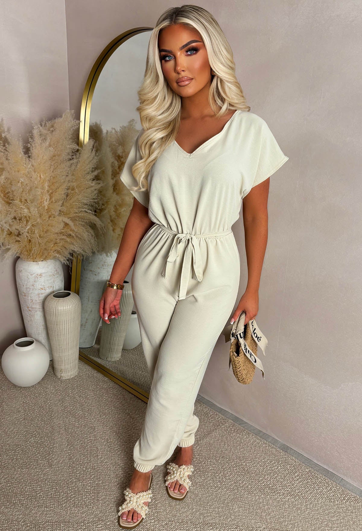 Elegance Everyday Stone Elasticated Hem Belted Jumpsuit - Image 3