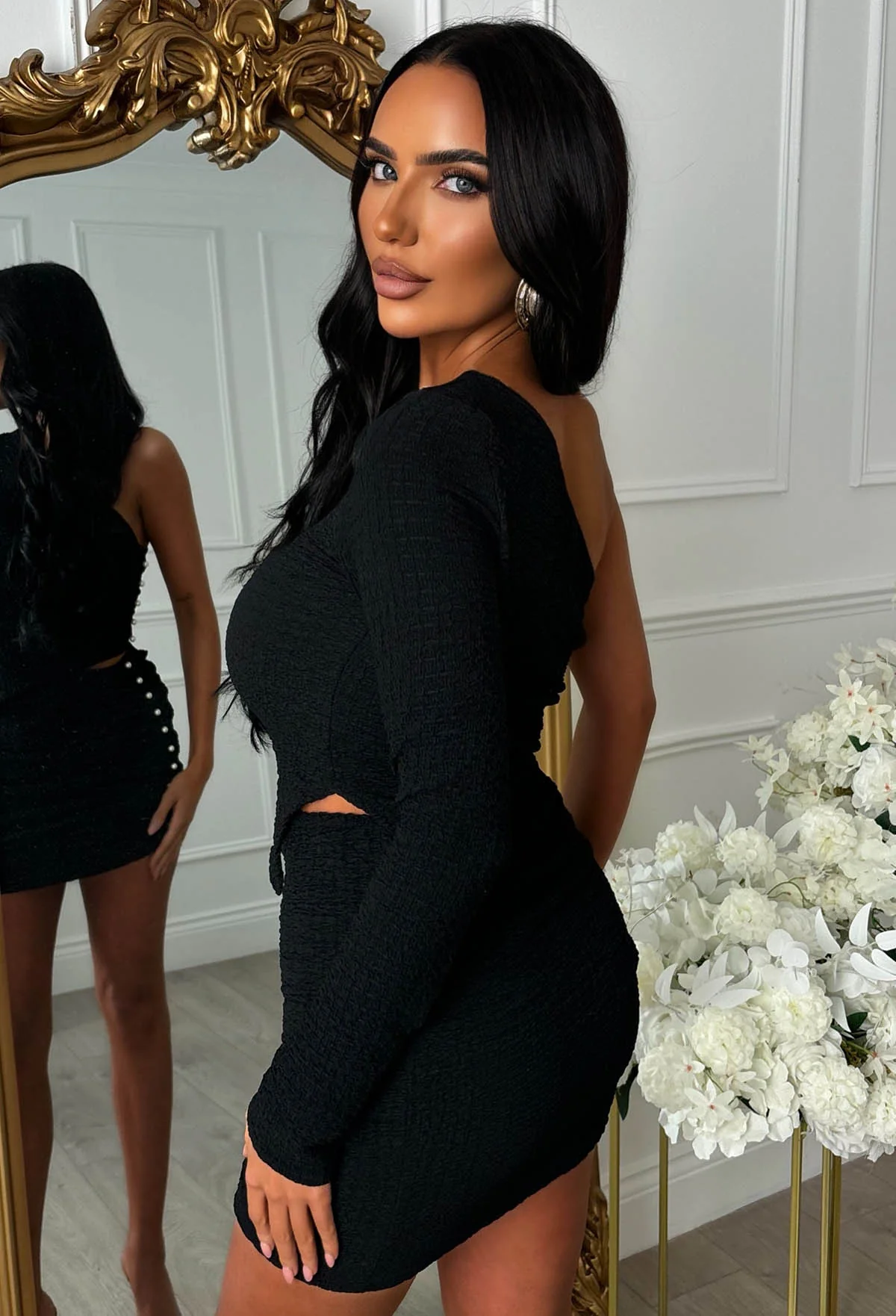 Elegant Always Black Pearl Detail One Shoulder Skirt Co-Ord Set - Image 3