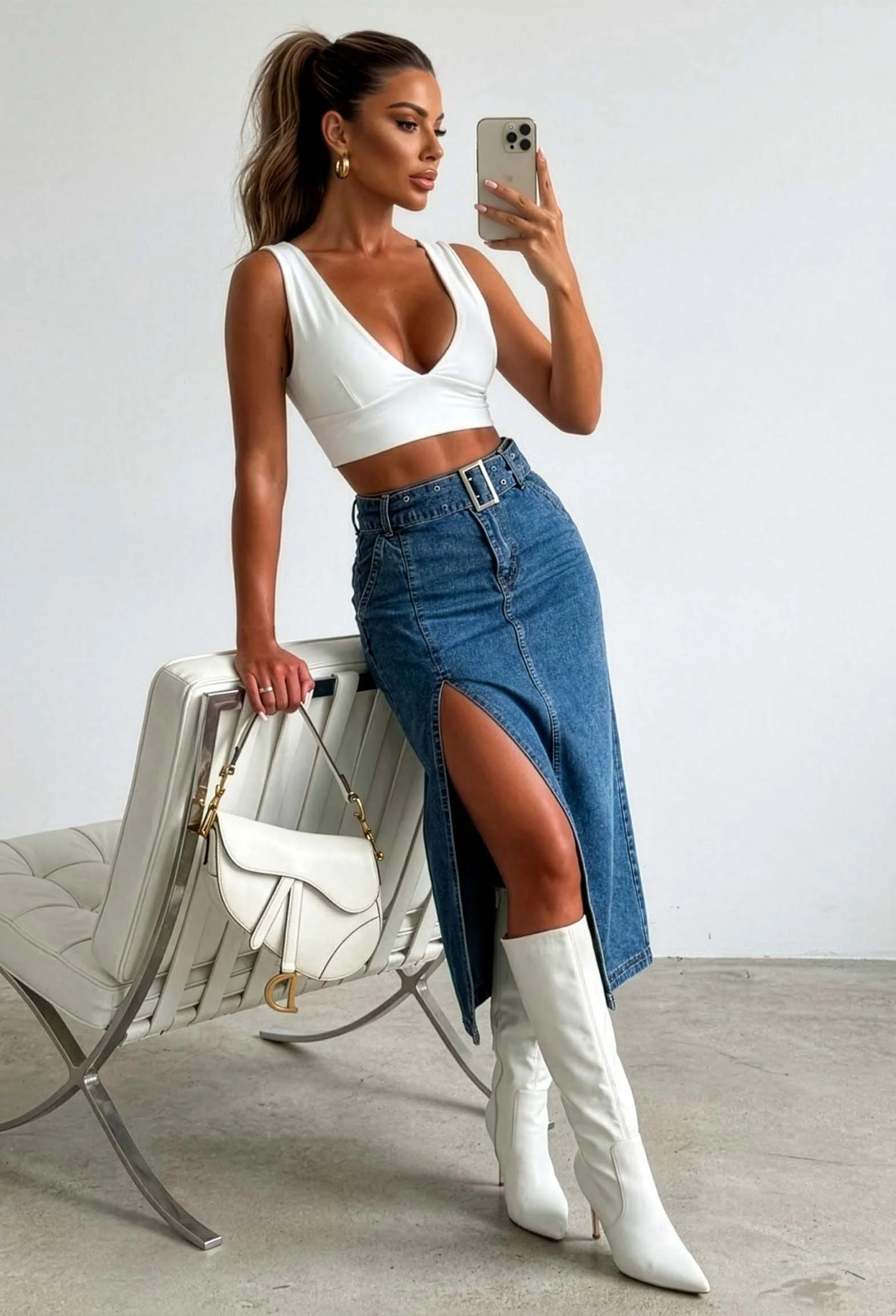 Ellie Mid Blue Stretch Denim Belted Midi Skirt