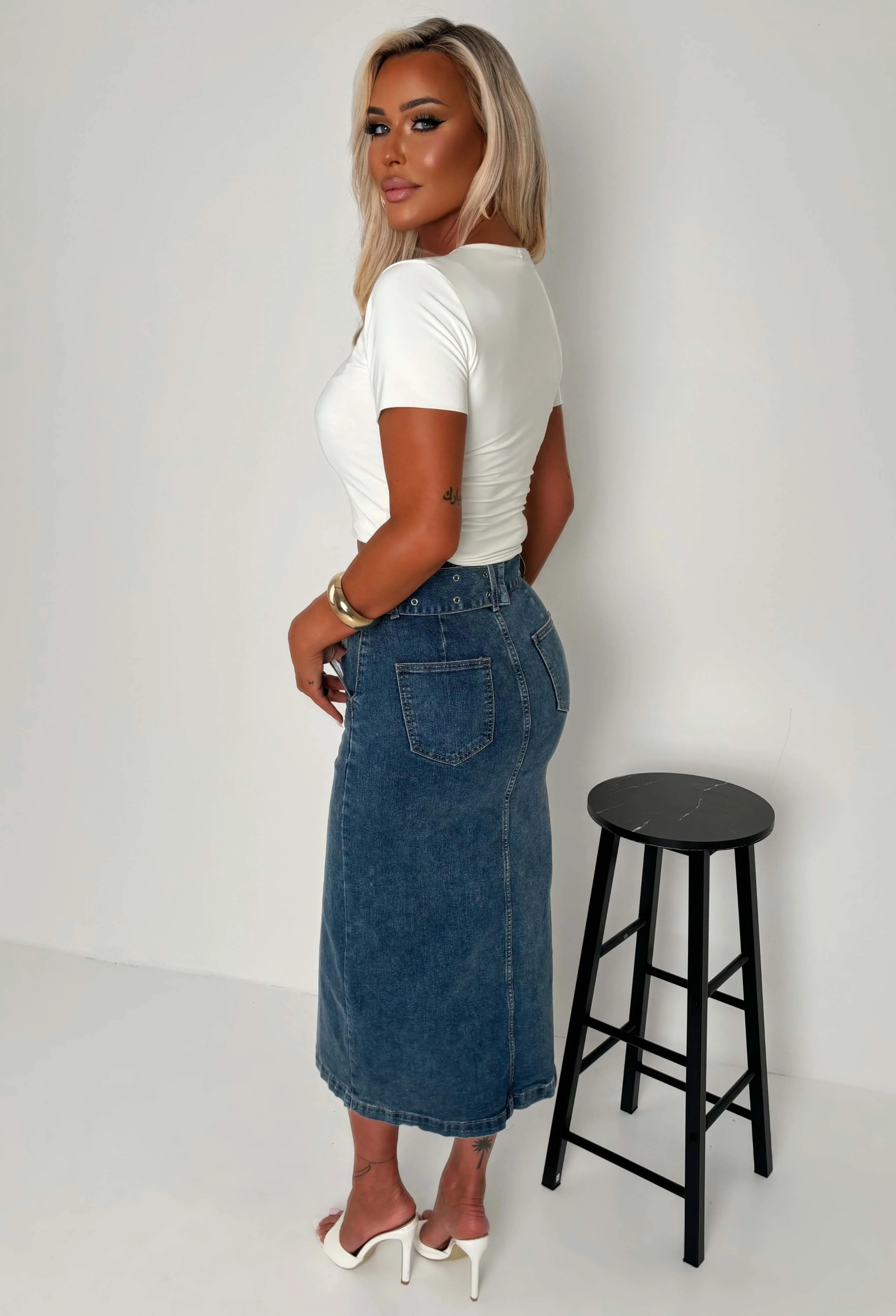 Ellie Mid Blue Stretch Denim Belted Midi Skirt - Image 3